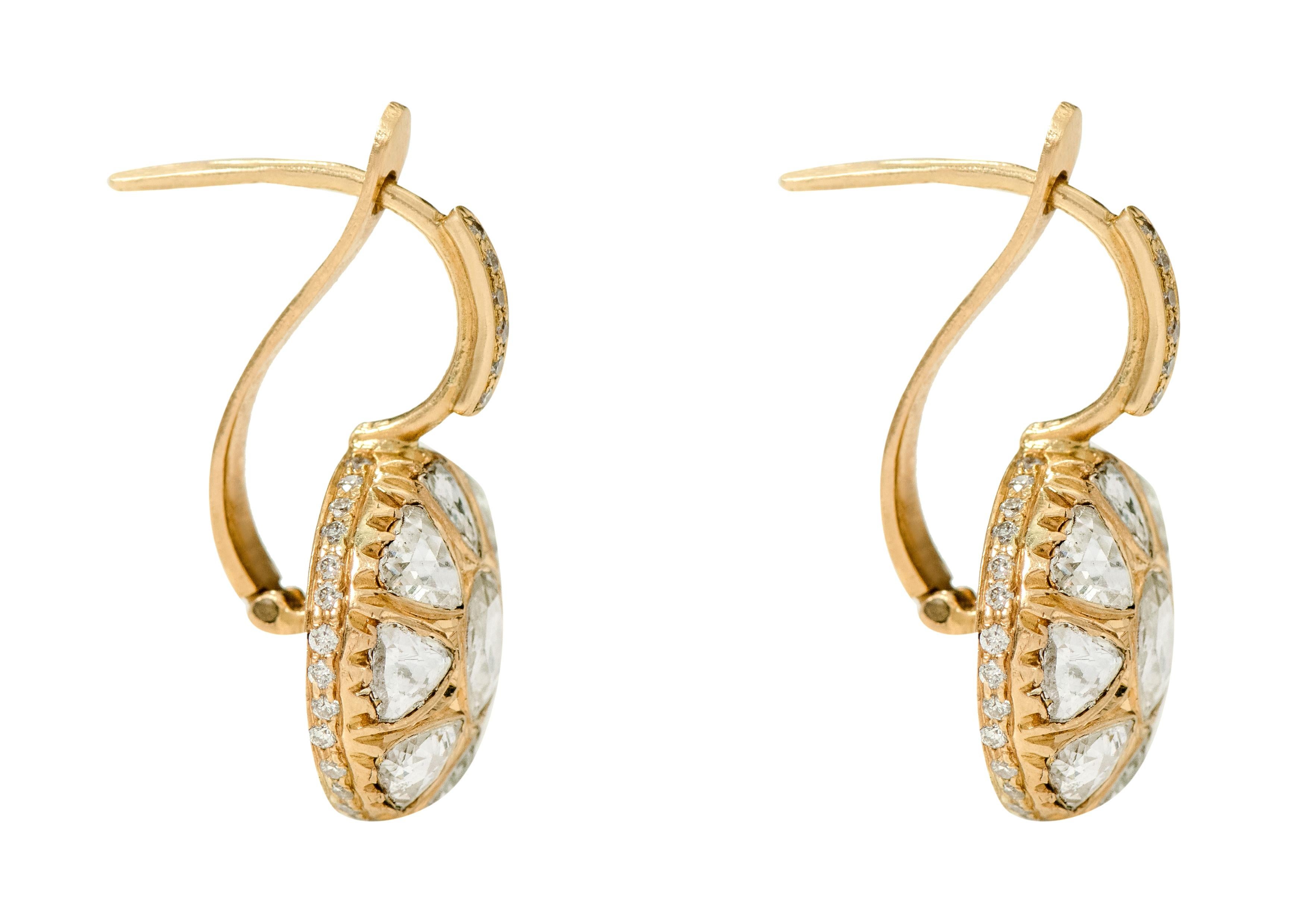 Rose Cut 18 Karat Yellow Gold Rose-Cut Diamond Dangle Earrings in Art Deco Style