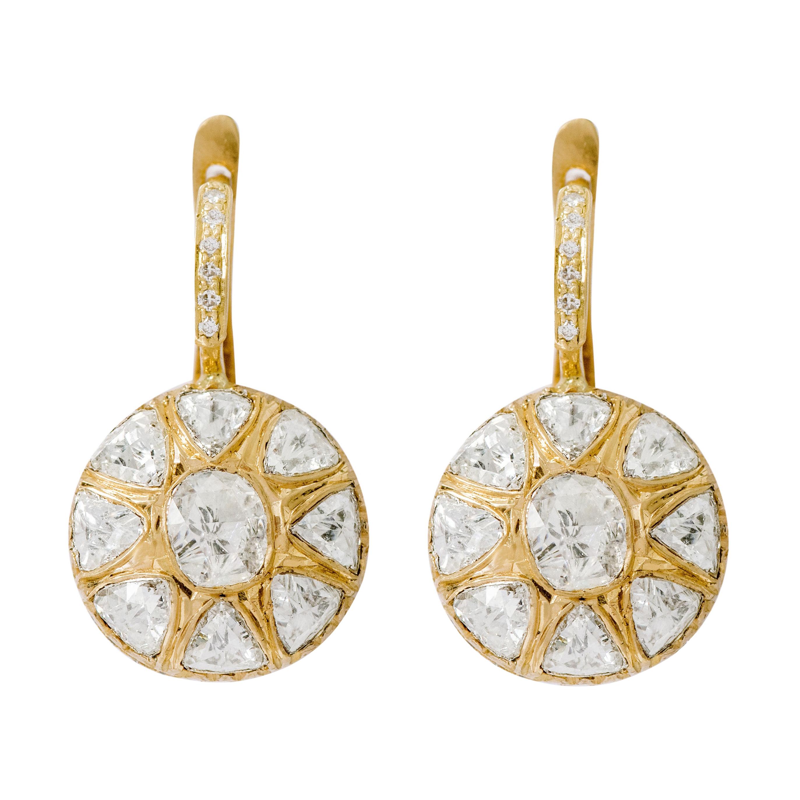 18 Karat Yellow Gold Rose-Cut Diamond Dangle Earrings in Art Deco Style