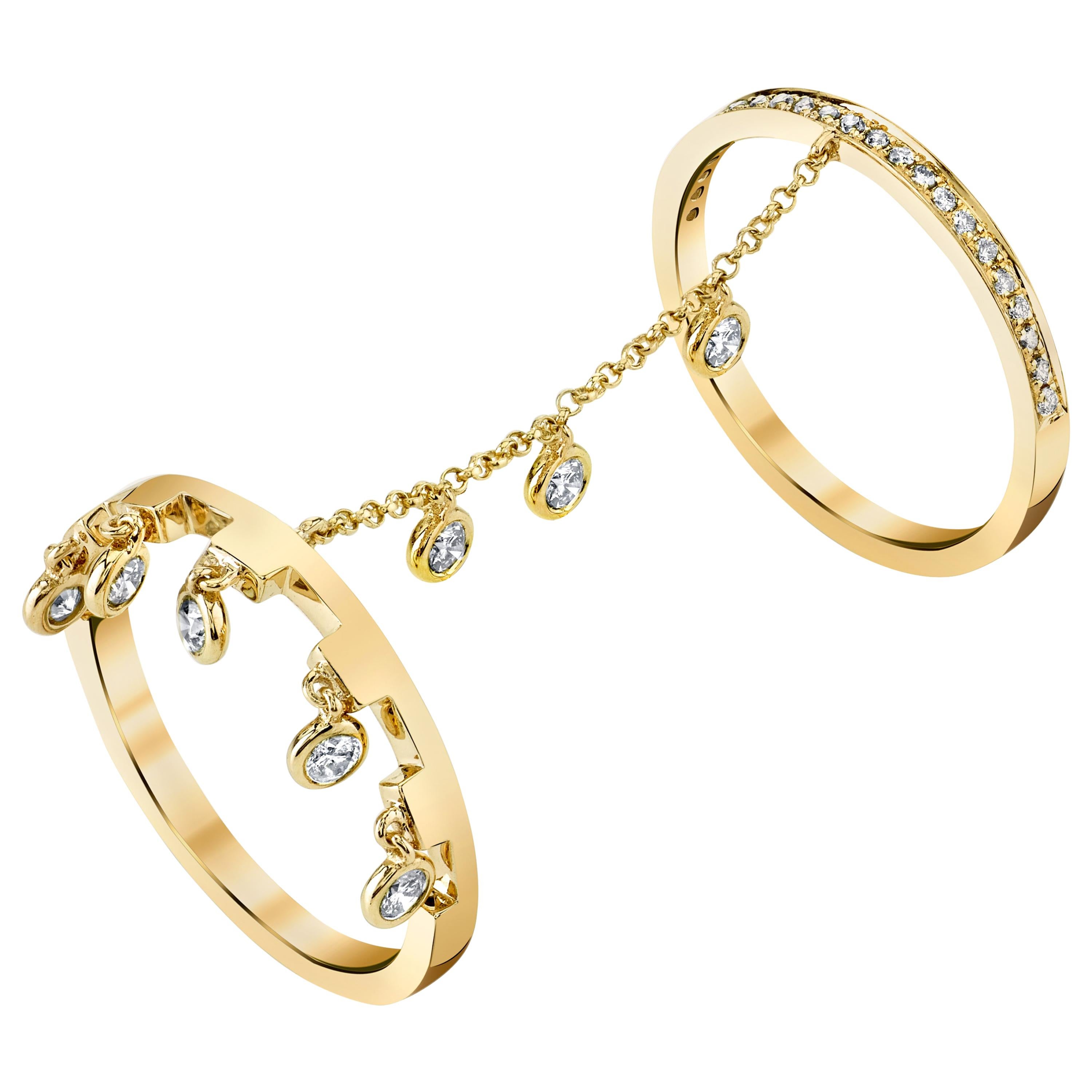 18 Karat Yellow Gold, Rose-Cut Diamond Double Finger Ring For Sale
