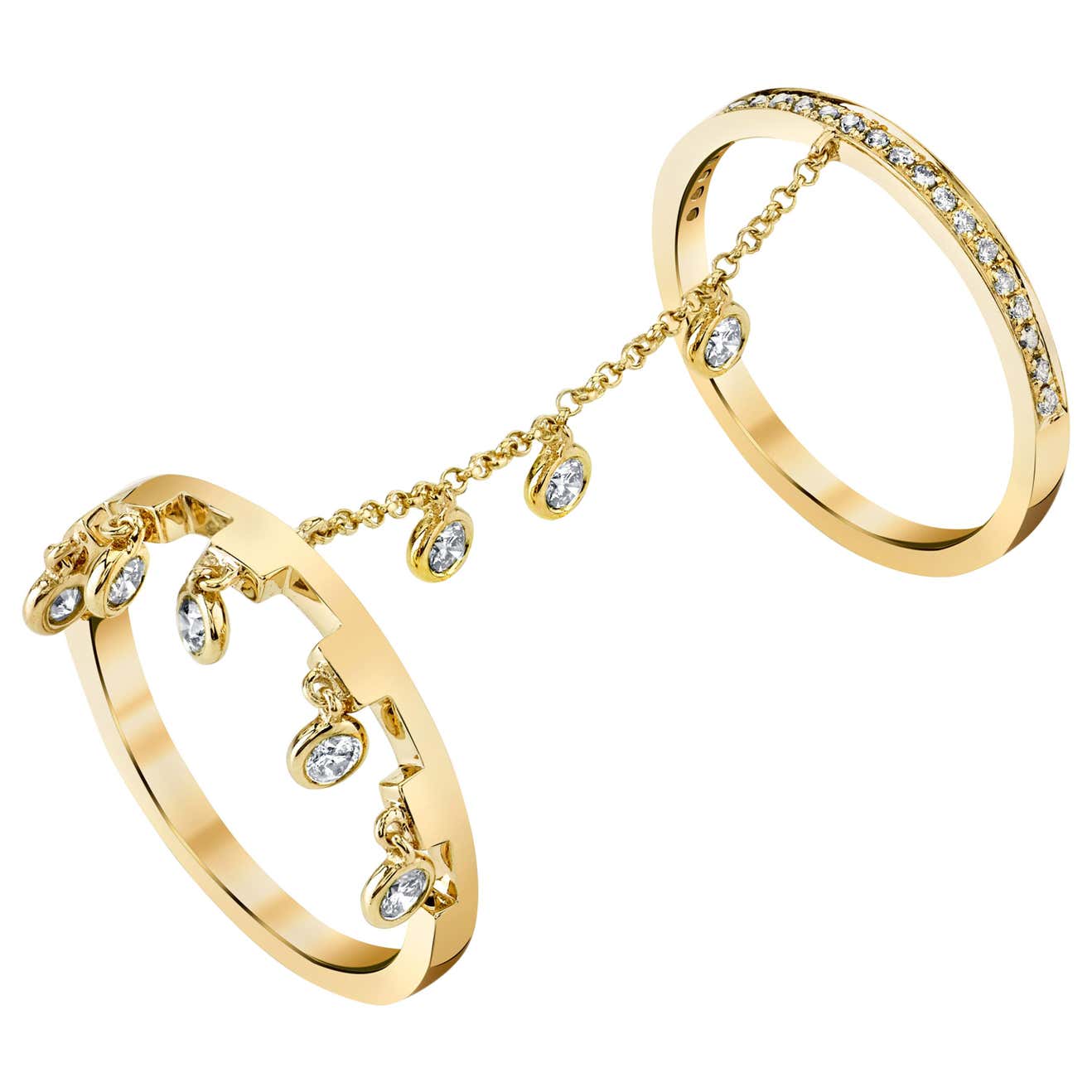 18 Karat Yellow Gold, Rose-Cut Diamond Double Finger Ring For Sale at ...