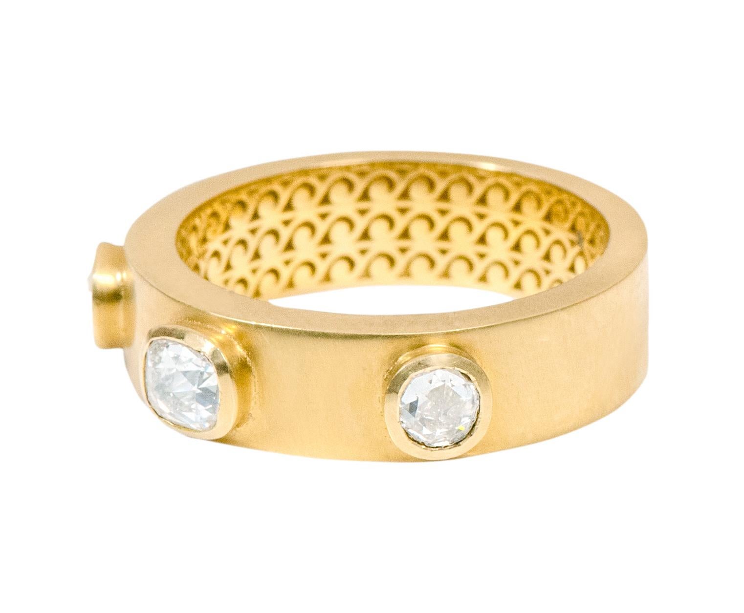 Rose Cut 18 Karat Yellow Gold Rose-Cut Diamond Three-Stone Ring in Art-Deco Style For Sale