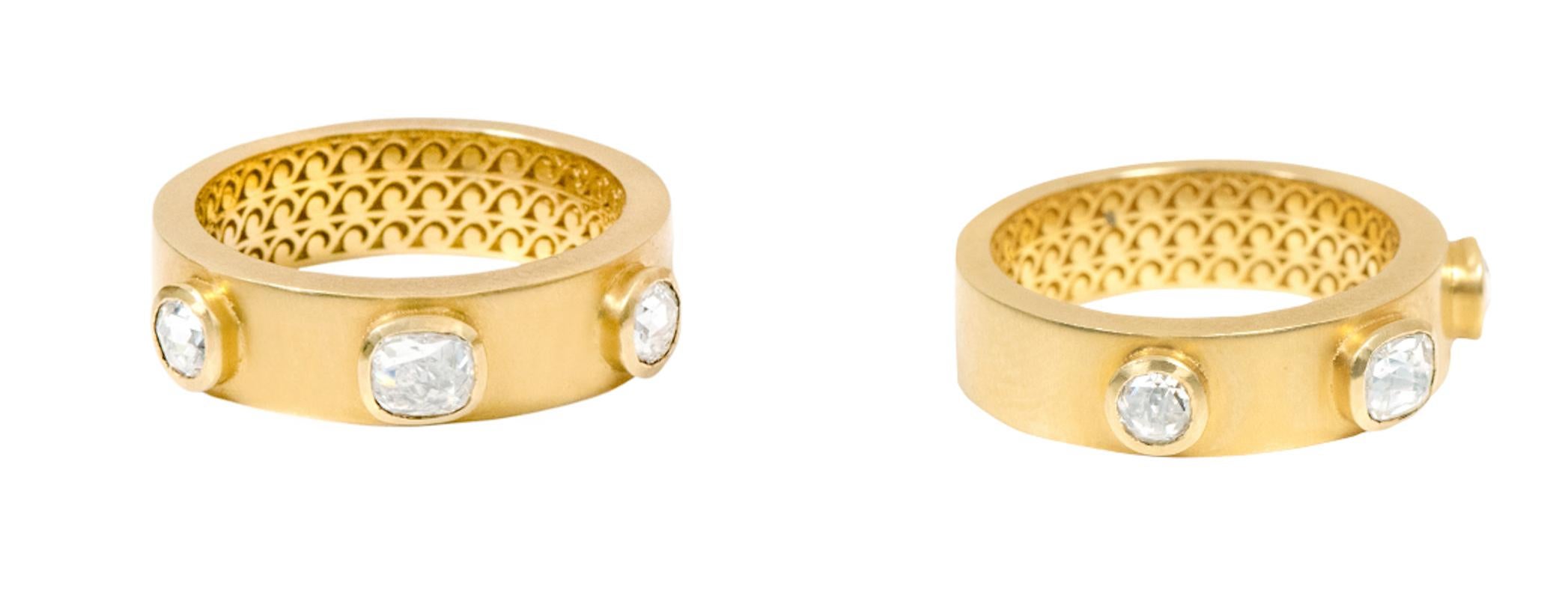 18 Karat Yellow Gold Rose-Cut Diamond Three-Stone Ring in Art-Deco Style For Sale 1