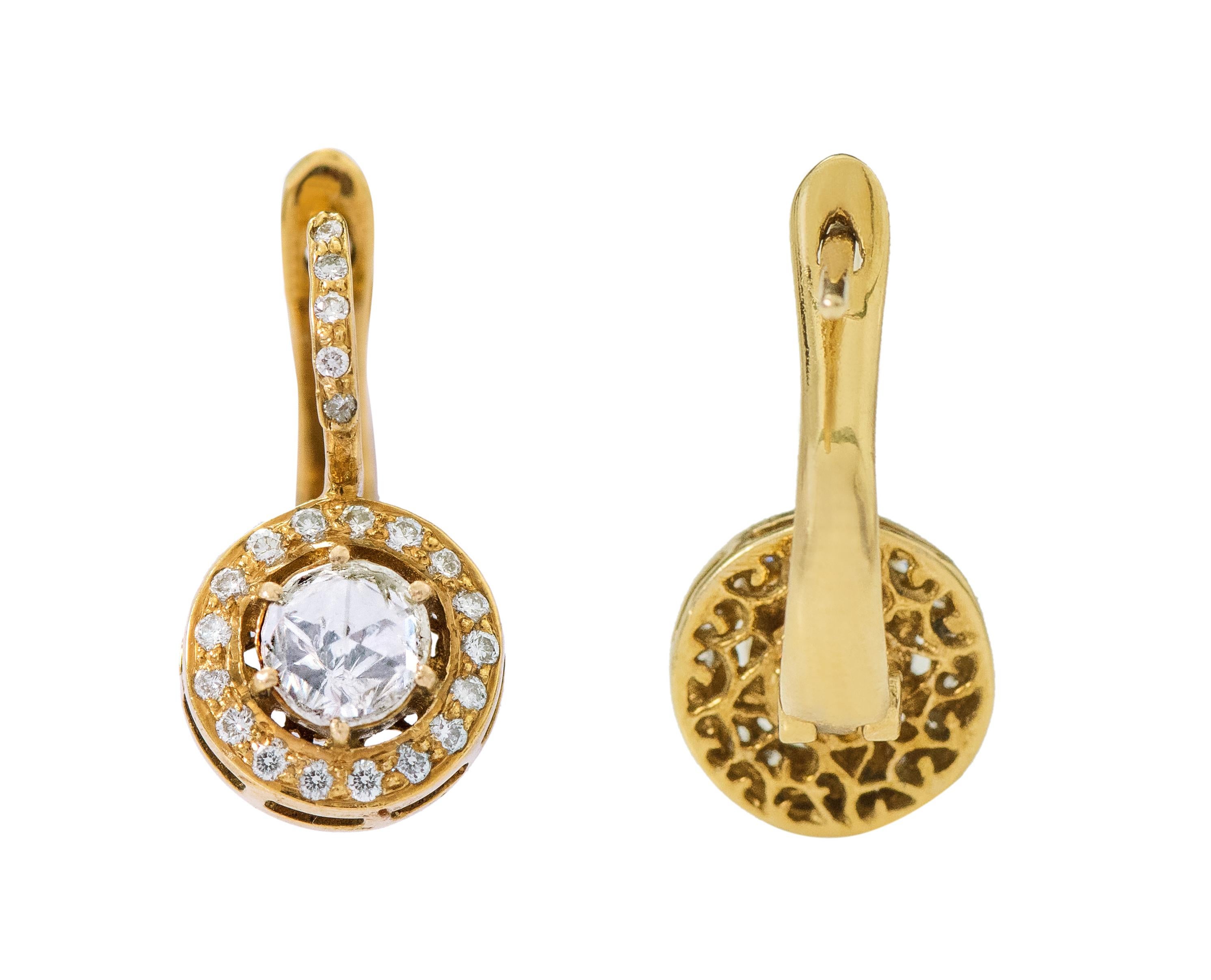 Rose Cut 18 Karat Yellow Gold Rose-Cut Solitaire Diamond Drop Earrings in Art Deco Style For Sale