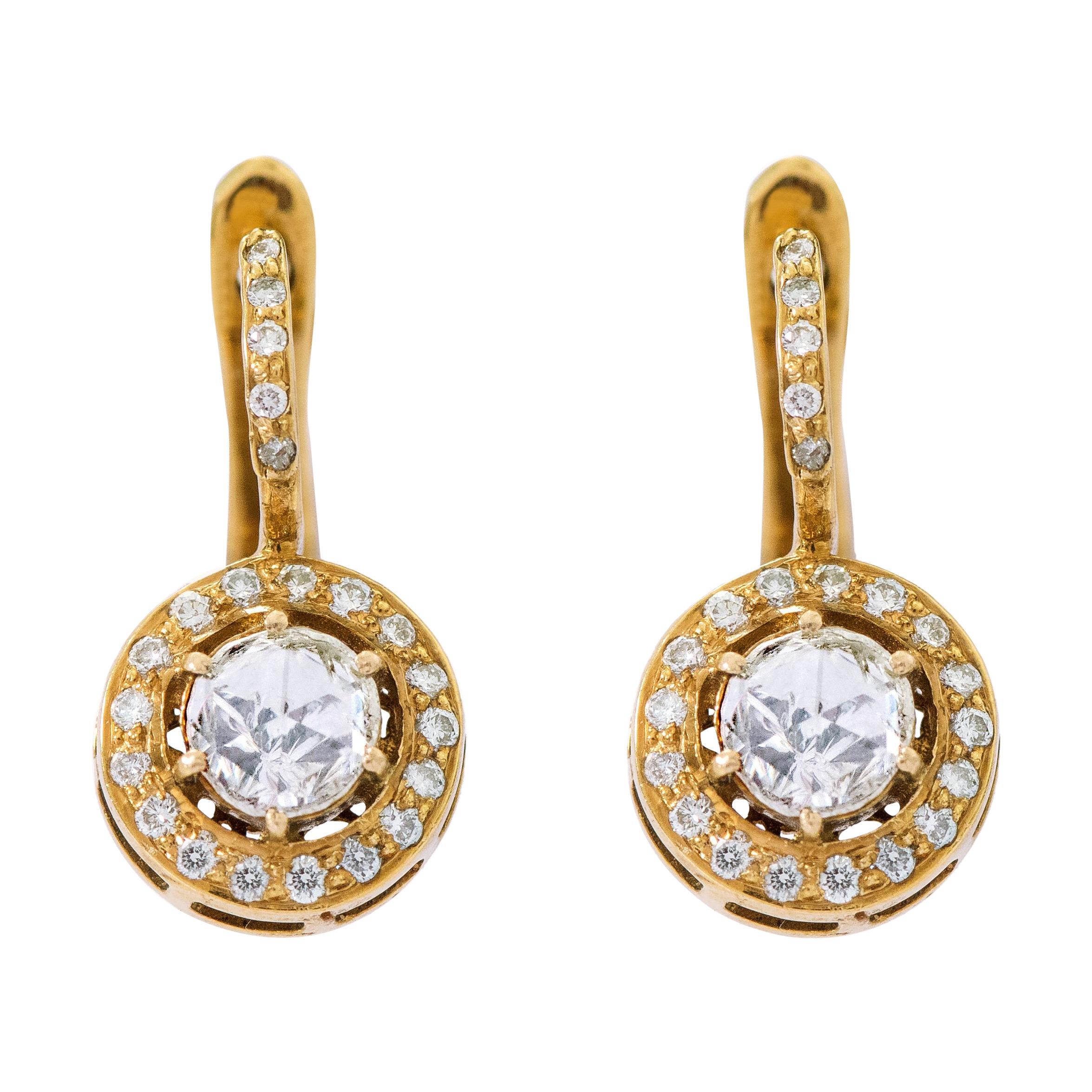 18 Karat Yellow Gold Rose-Cut Solitaire Diamond Drop Earrings in Art Deco Style