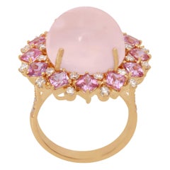 18 Karat Yellow Gold Rose Quarts with Pink Sapphire and Diamond Ring