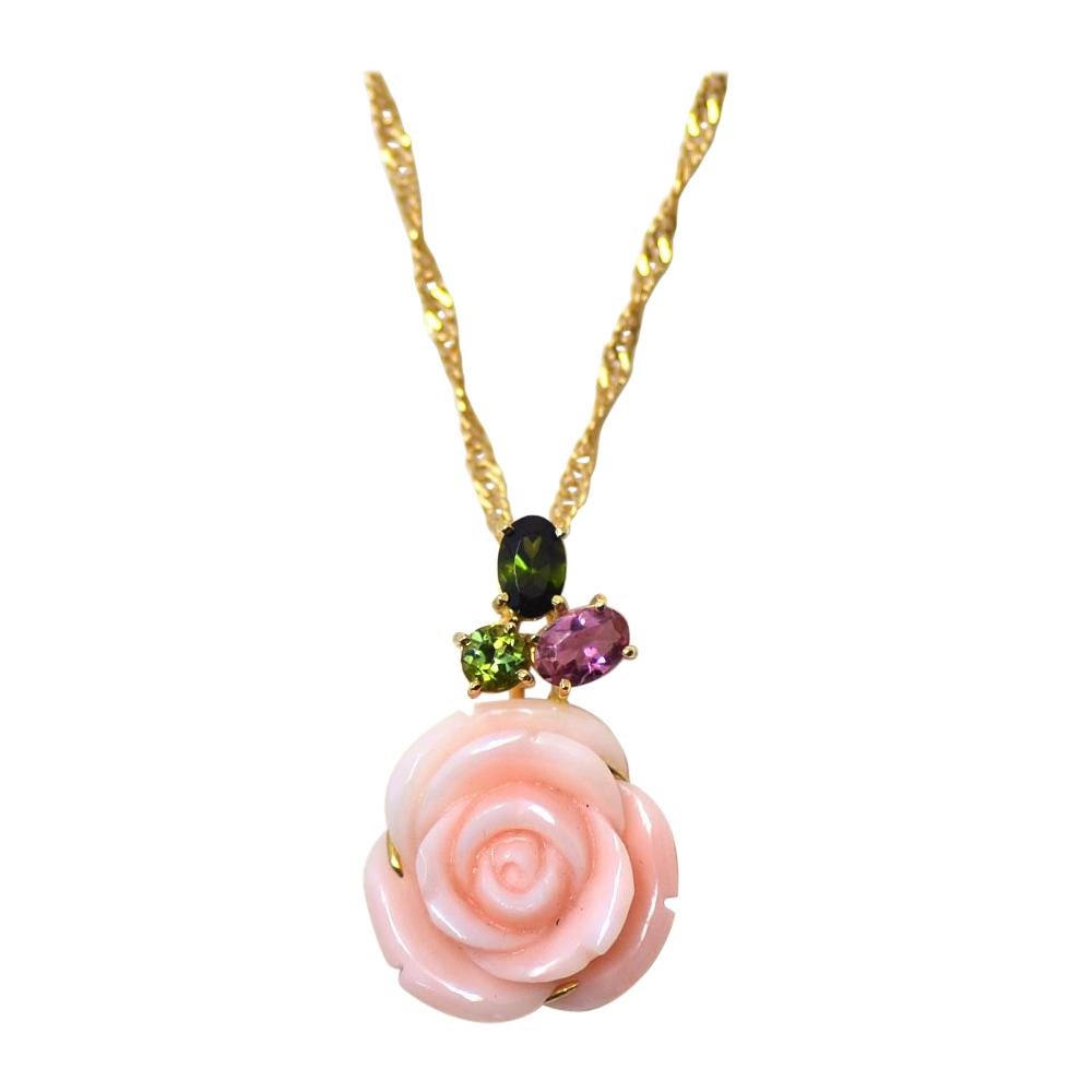 18 Karat Yellow Gold Rose Shape Miss Sango 'Pink Coral' Pendant with Tourmalines For Sale