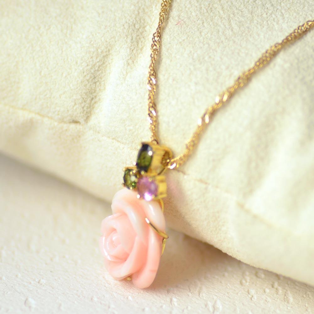 Rose Cut 18 Karat Yellow Gold Rose Shape Miss Sango 'Pink Coral' Pendant with Tourmalines For Sale