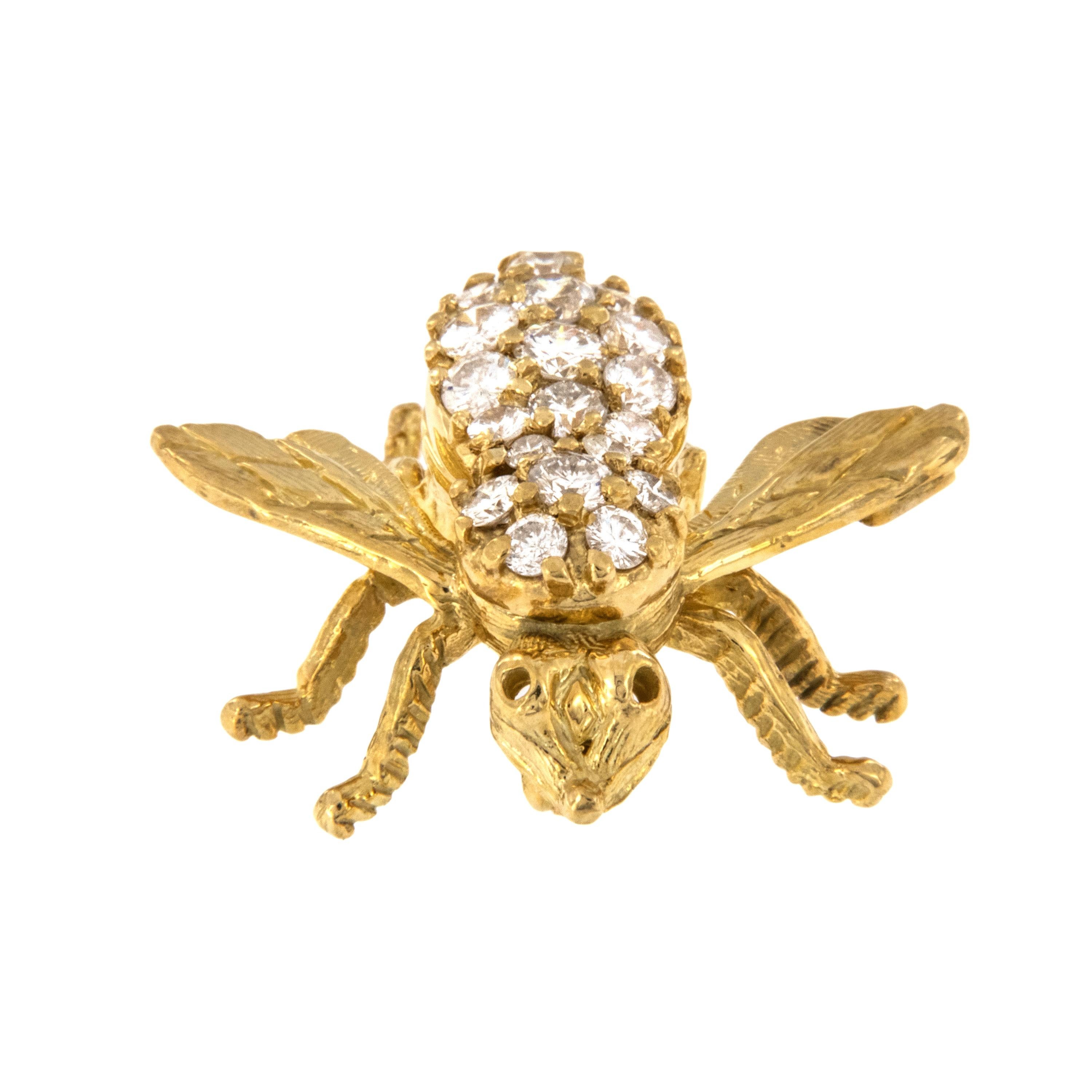 Sweet as a honey bee - this pin looks adorable perched on your lapel, shoulder or converted as a pendant. Wear this vintage 18 karat yellow gold diamond encrusted pin as an accessory and show your support of how important this species is to our