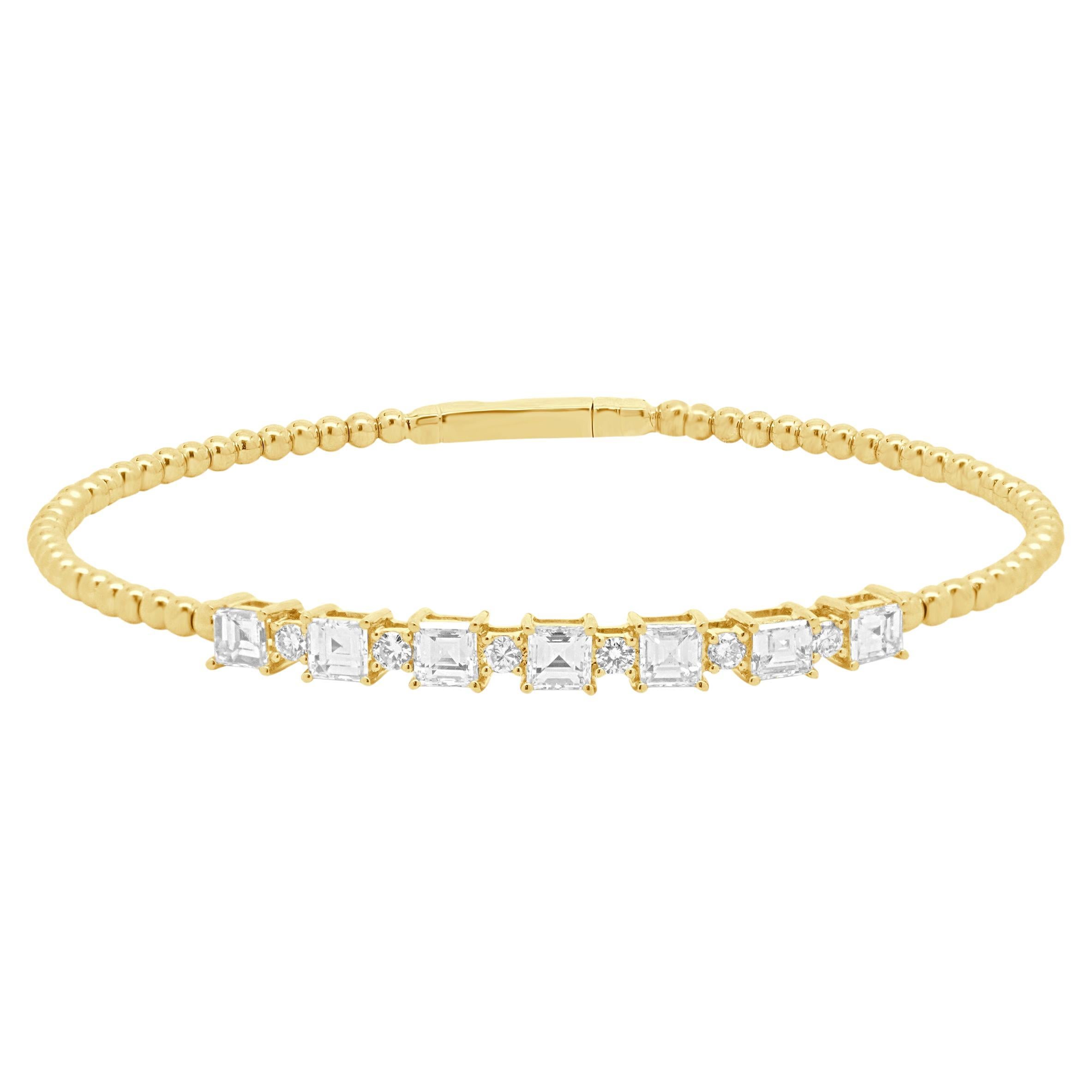 18 Karat Yellow Gold Round and Asscher Cut Alternating Diamond Flex Bracelet