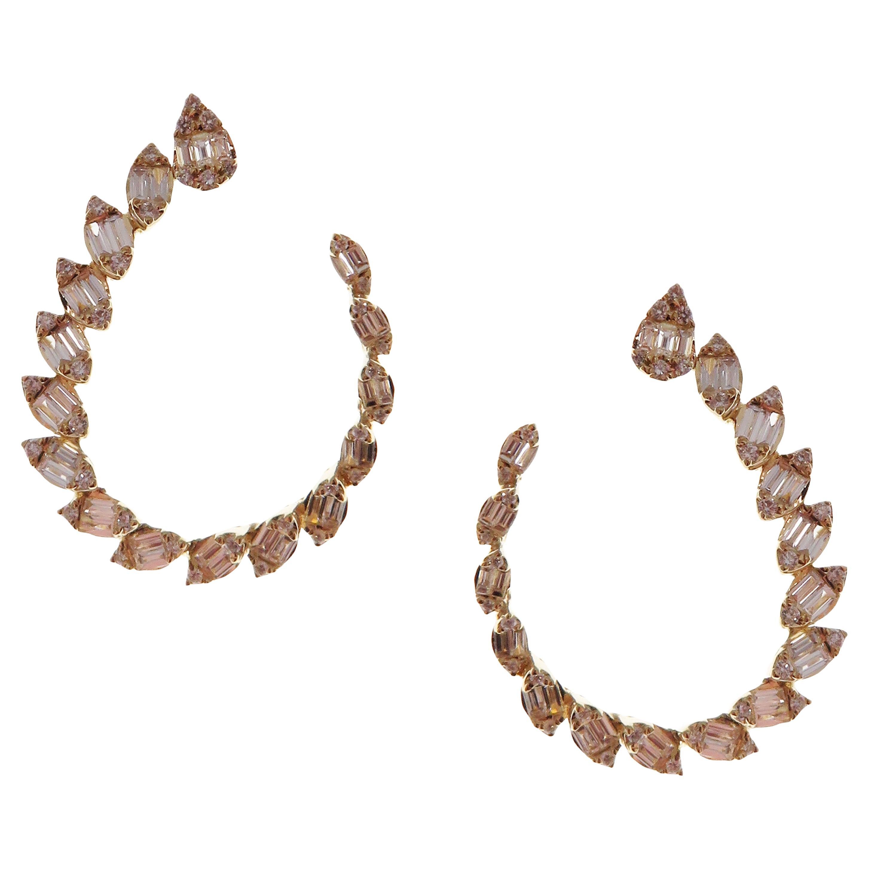 18-Karat Yellow Gold Round and Baguette Diamonds Marquise Shape Twisty Earrings For Sale