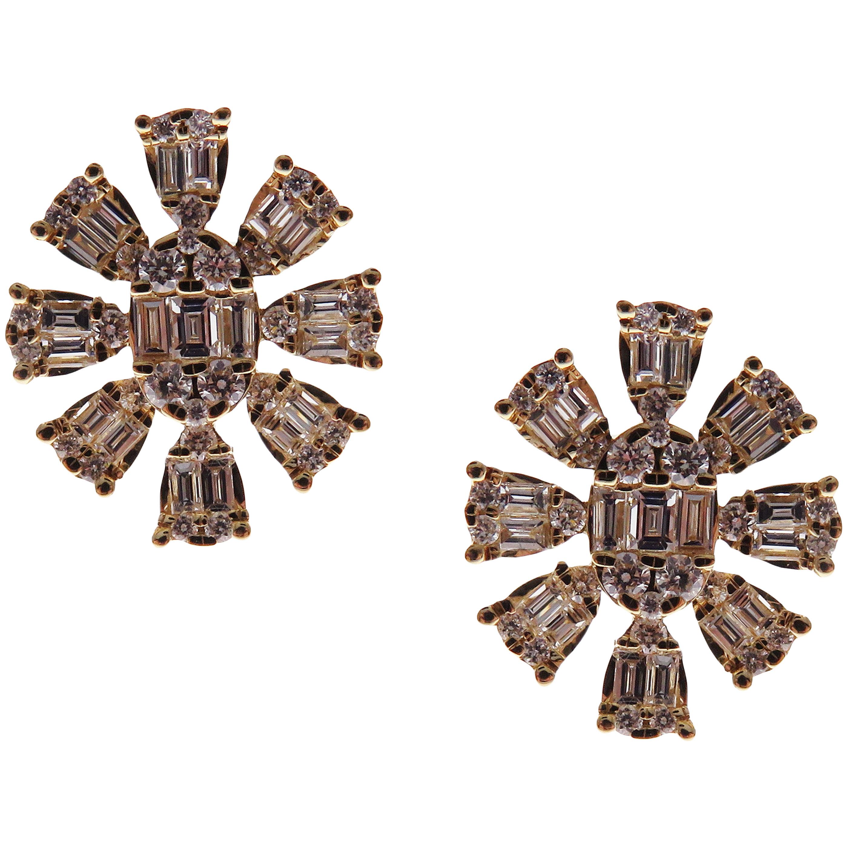 These trendy snowflake inspired stud earrings with round and baguette white diamonds are crafted in 18-karat yellow gold, featuring 60 round white diamonds totaling of 0.38 carats and 38 baguette white diamonds totaling of 0.60 carats.
These
