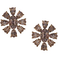 18-Karat Yellow Gold Round and Baguette Diamonds Snowflake Stud Earrings