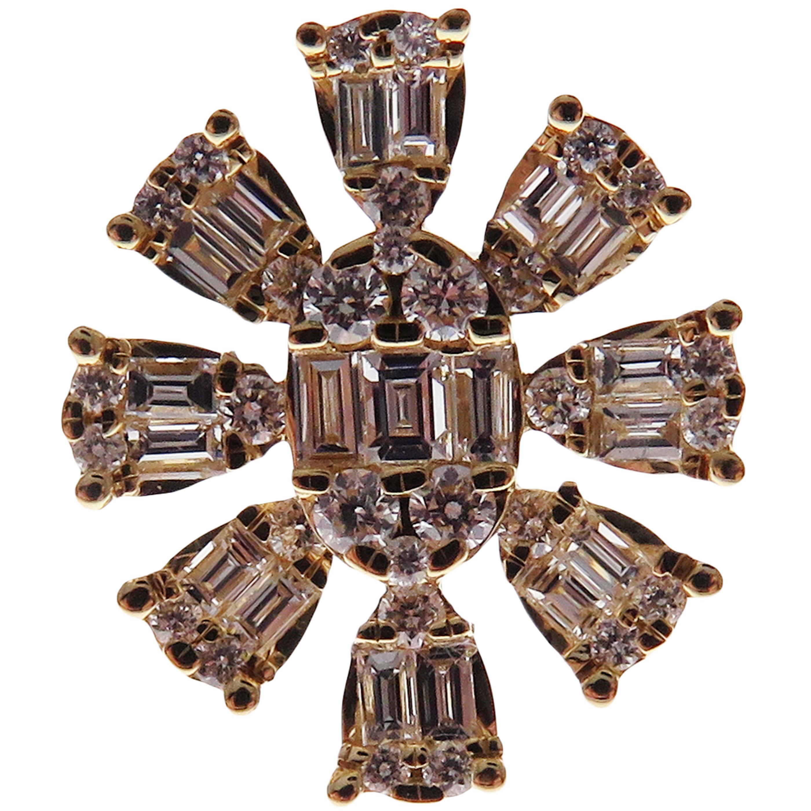 Baguette Cut 18-Karat Yellow Gold Round and Baguette Diamonds Snowflake Stud Earrings For Sale