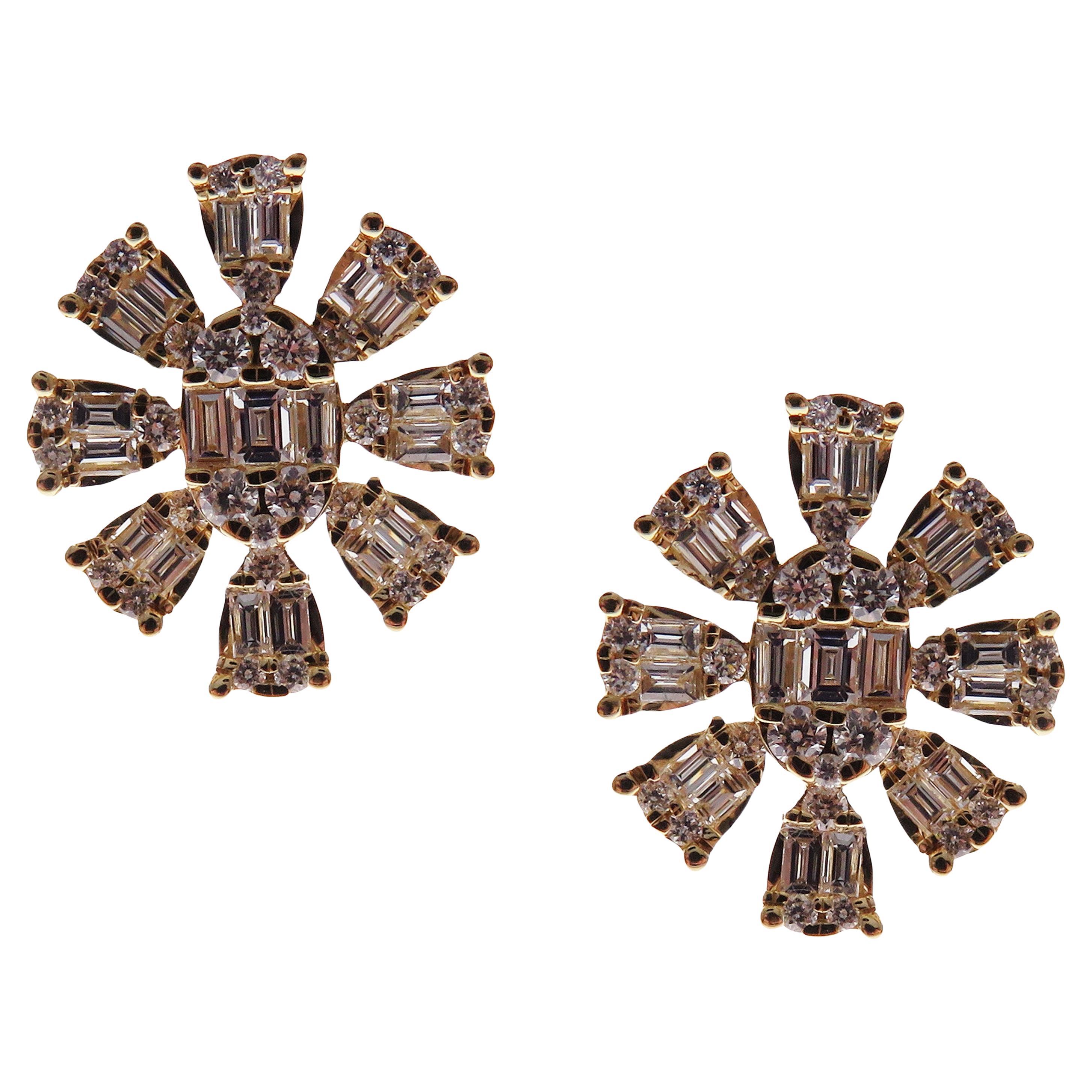 18-Karat Yellow Gold Round and Baguette Diamonds Snowflake Stud Earrings For Sale
