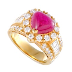 18 Karat Yellow Gold Round and Emerald Cut Diamonds Ruby Heart Ring