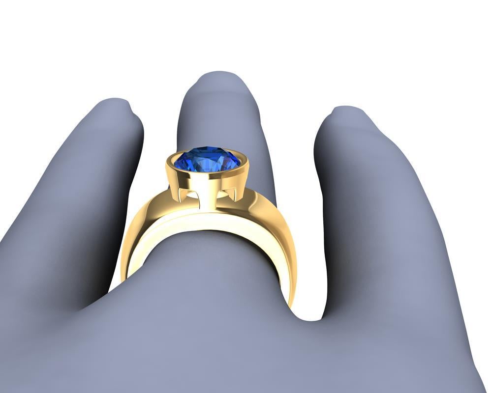 For Sale:  18 Karat Yellow Gold Round Blue Sapphire 2.69 Carat Sculpture Ring 10