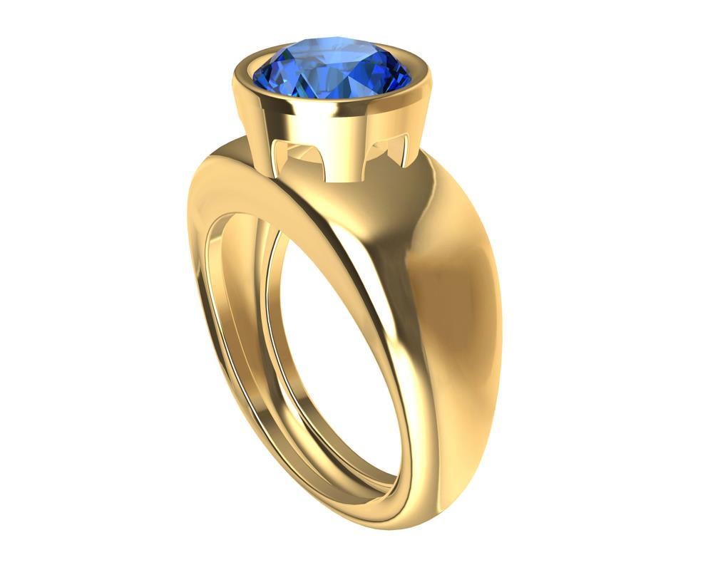 En vente :  Bague sculptée en or jaune 18 carats avec saphir bleu rond de 2,69 carats 2