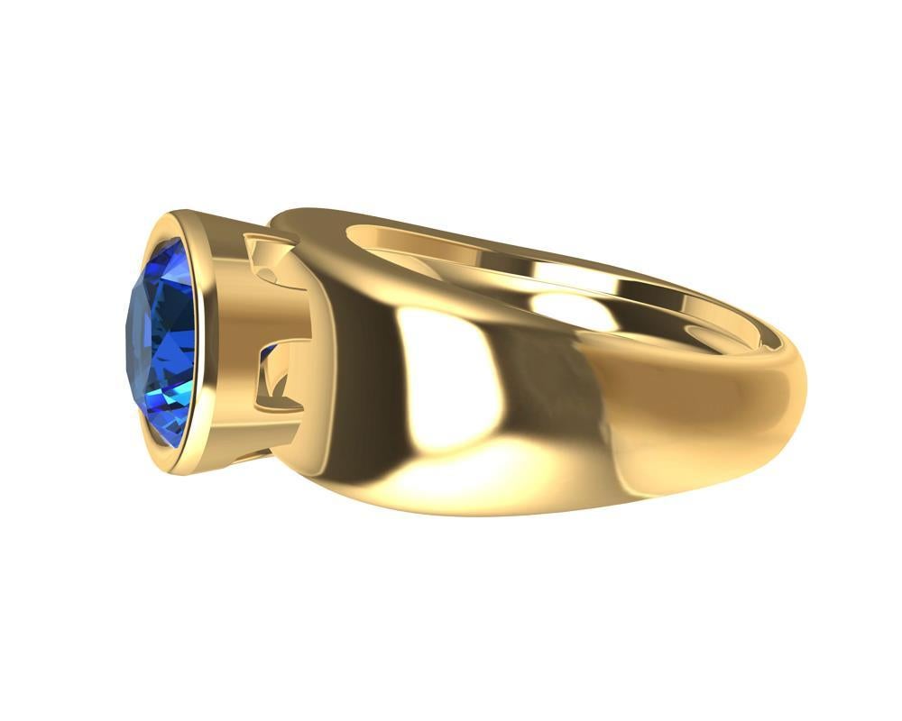 For Sale:  18 Karat Yellow Gold Round Blue Sapphire 2.69 Carat Sculpture Ring 8