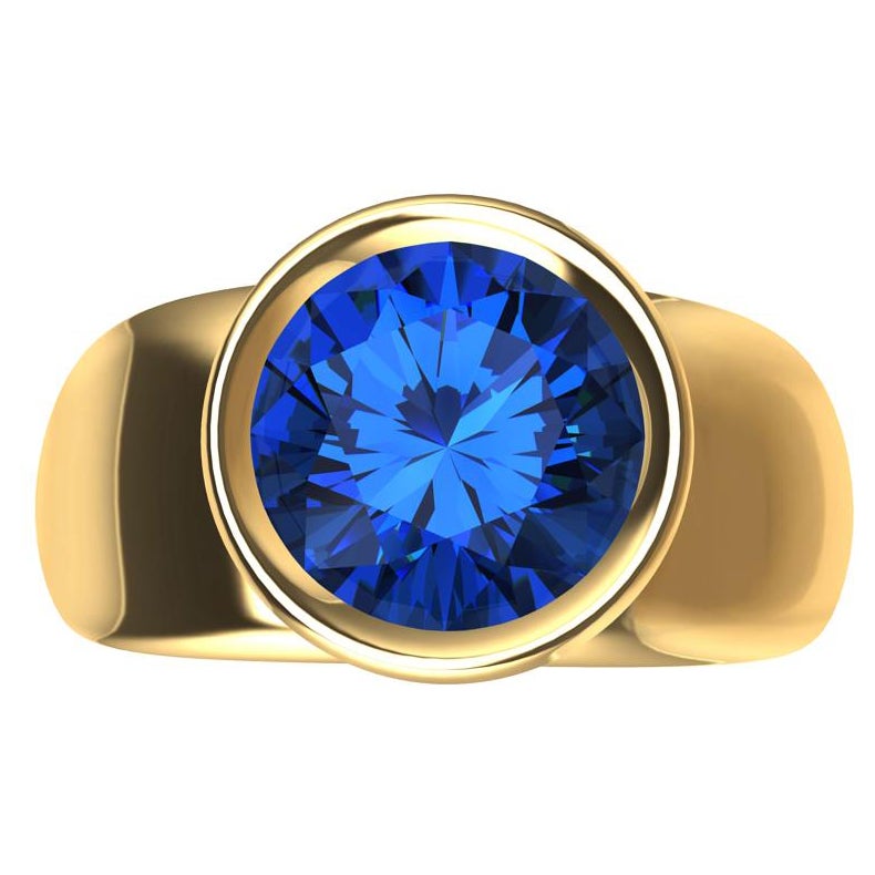 Anello scultura in oro giallo 18 carati con zaffiro blu rotondo da 2,69 carati