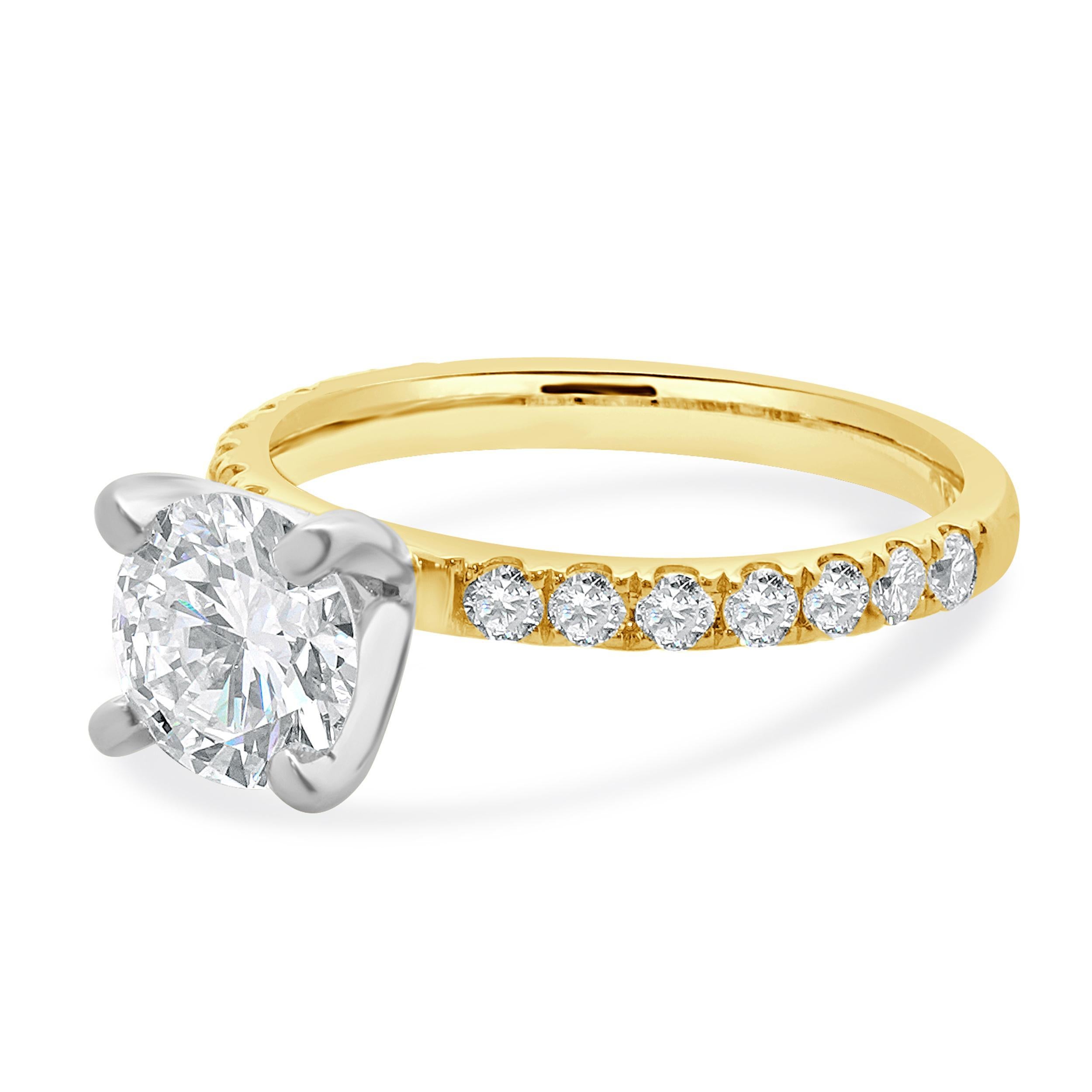 Designer: custom
Material: 18K yellow gold
Center Diamond: 1 round brilliant cut = 1.13ct
Color : F
Clarity : VS1
GIA: 6234072966
Diamond: round brilliant cut = 0.45cttw
Color : G
Clarity : VS1-2
Size: 6 complimentary sizing available 
Weight: 3.12