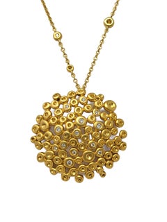 18 Karat Yellow Gold Round Bubble Medallion Pendant Necklace with Diamonds