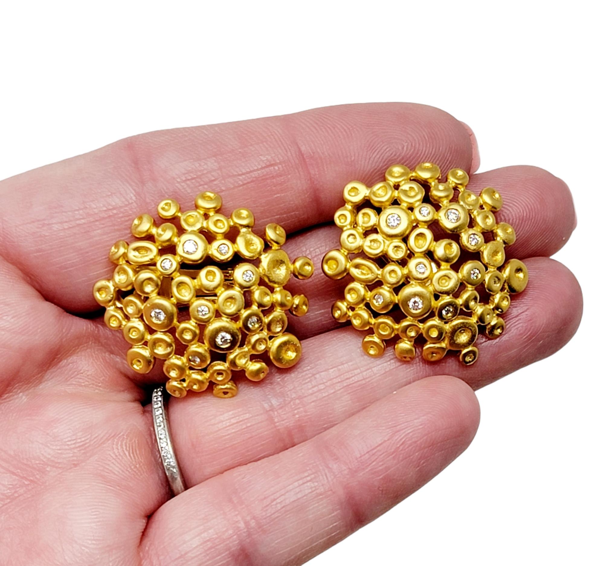 Contemporary 18 Karat Yellow Gold Round Bubble Medallion Stud Pierced Earrings with Diamonds For Sale