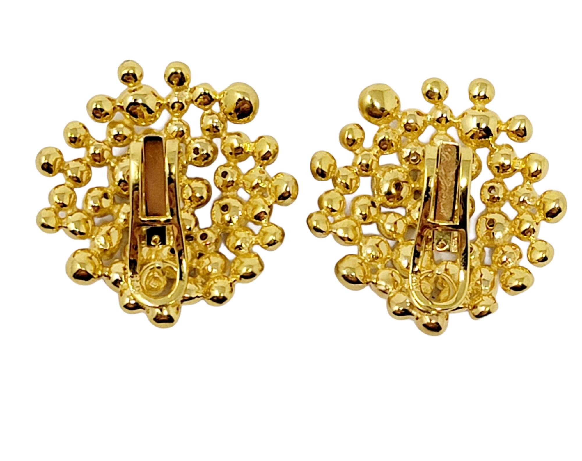 Round Cut 18 Karat Yellow Gold Round Bubble Medallion Stud Pierced Earrings with Diamonds For Sale