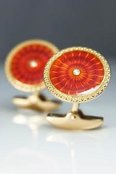 18 Karat Yellow Gold Round Cufflinks with Orange Enamel and Diamond Centre