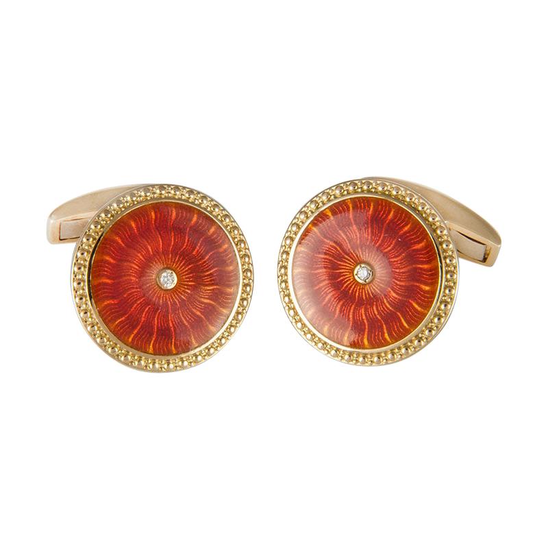 18 Karat Yellow Gold Round Cufflinks with Orange Enamel and Diamond Centre