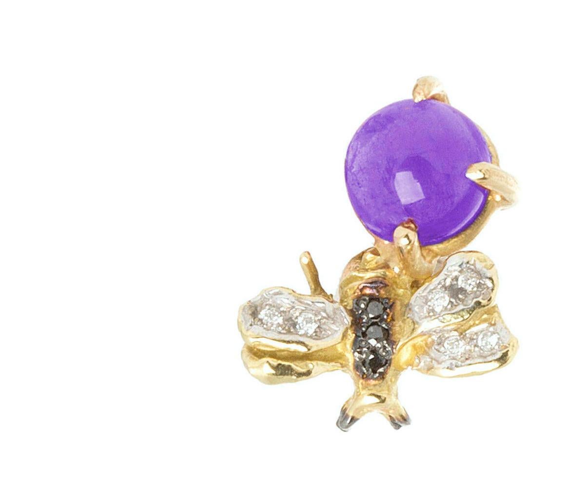 Women's or Men's Amethyst Bee 18K Yellow Gold 0.16 Karat Diamonds Modern Stud Earrings For Sale