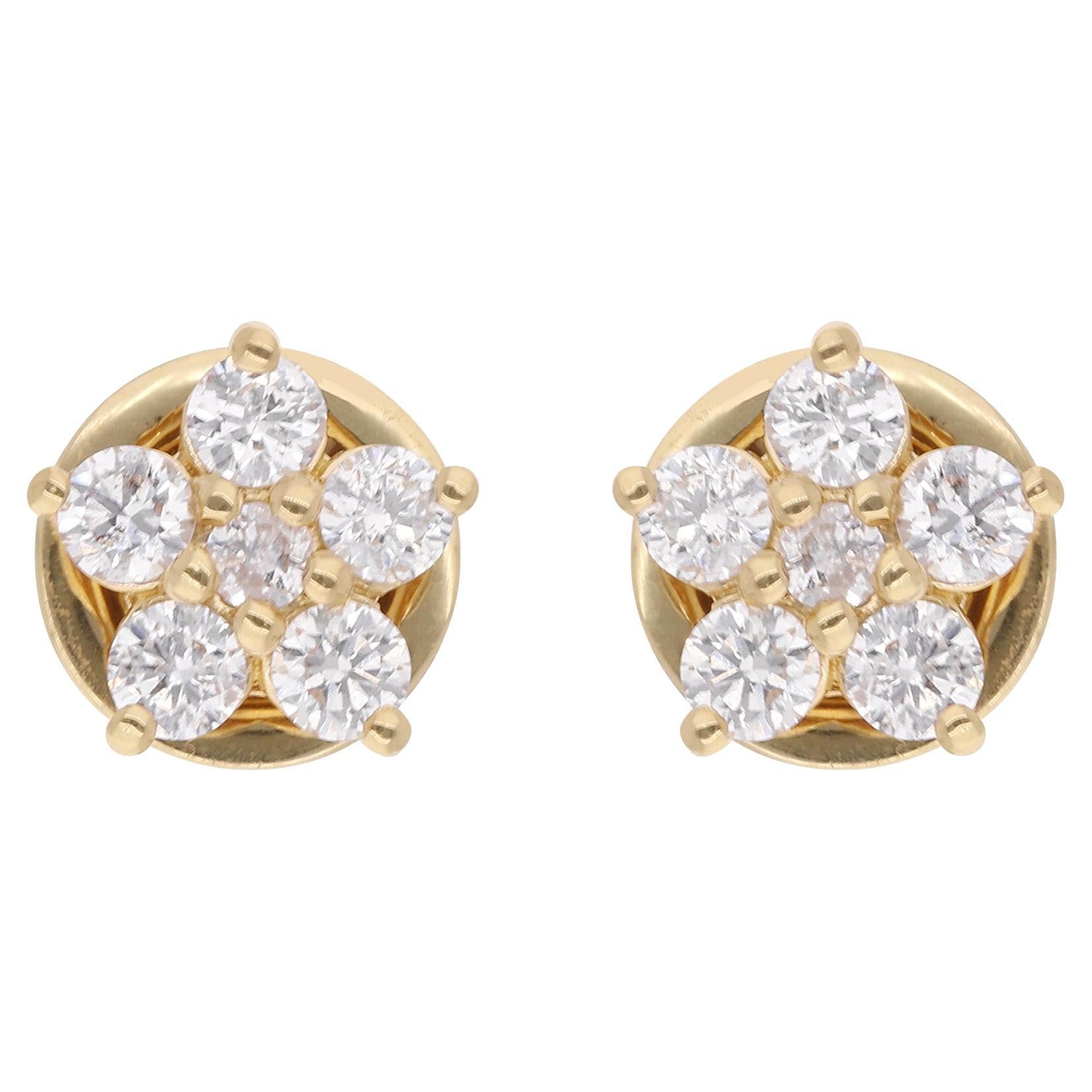 18 Karat Yellow Gold Round Cut SI/H Dainty Diamond Floral Stud Earrings For Sale