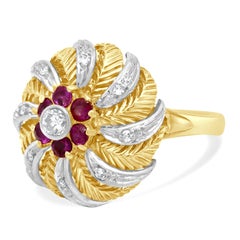 18 Karat Yellow Gold Round Diamond and Round Ruby Swirl Ring