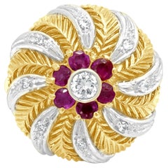 18 Karat Yellow Gold Round Diamond and Round Ruby Swirl Ring