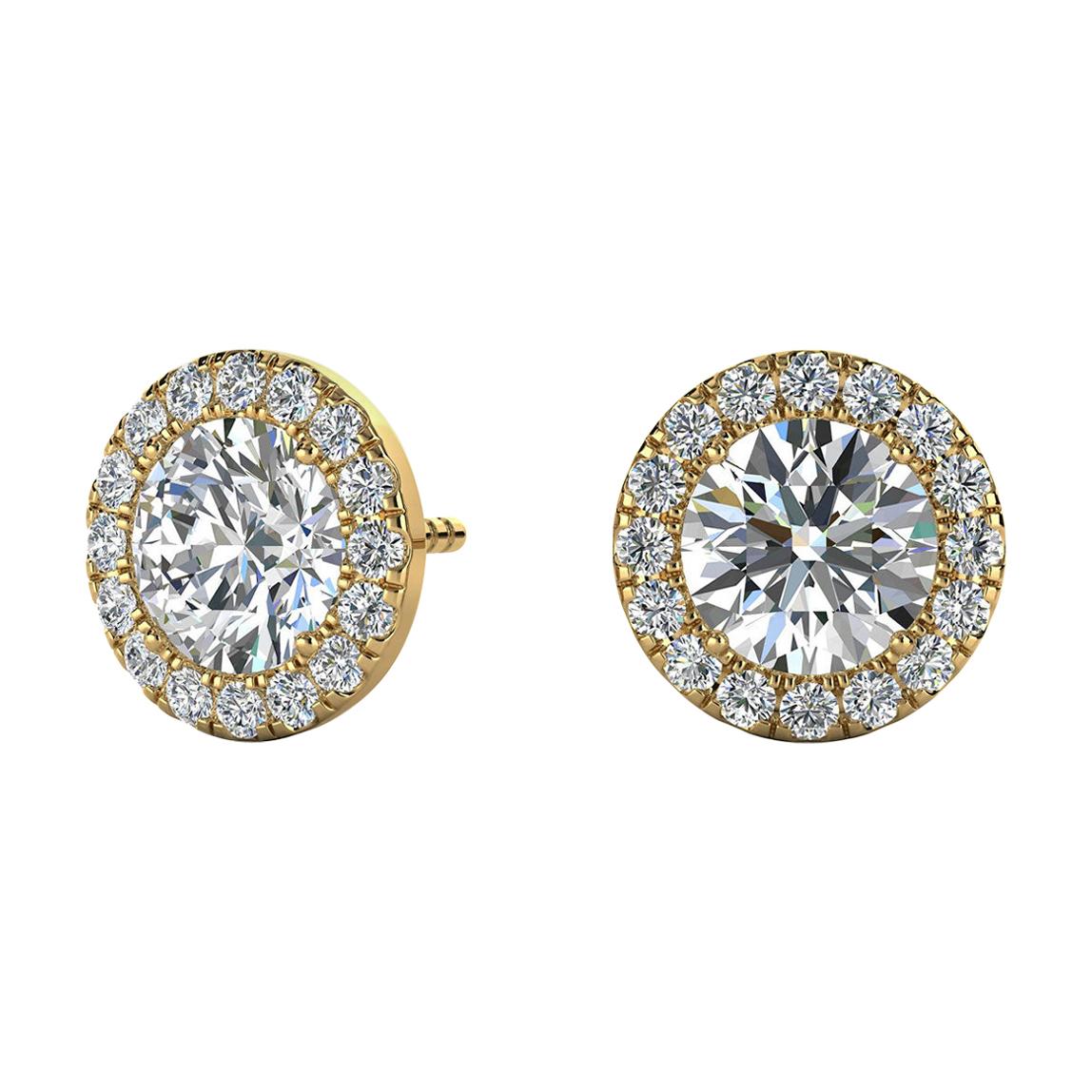 18 Karat Yellow Gold Round Halo Diamond Earrings '1 2/5 Carat' For Sale