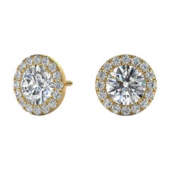 Boucles d'oreilles en or jaune 18 carats avec halo rond de diamants de 1 2/5 carat