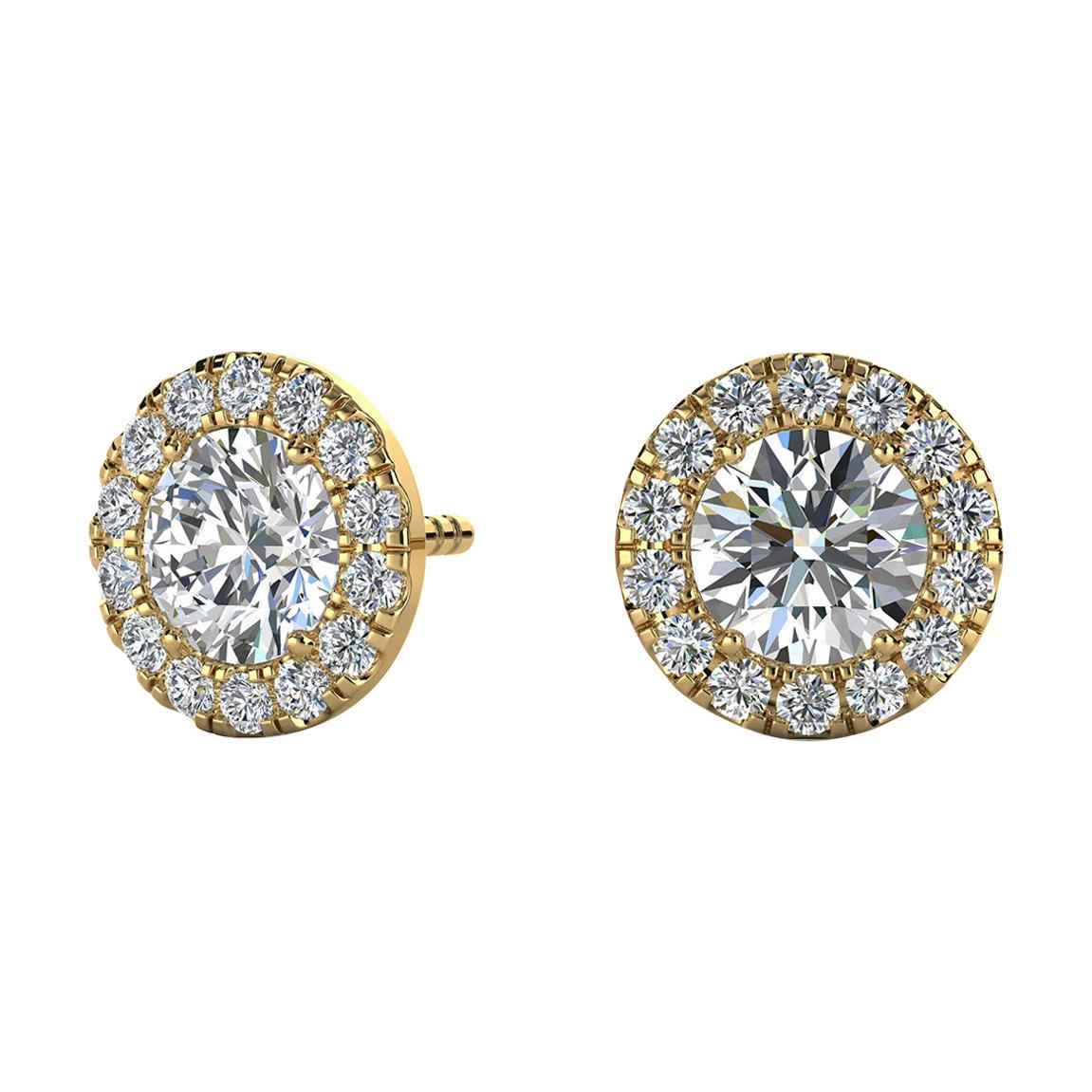 18 Karat Yellow Gold Round Halo Diamond Earrings '1 Carat' For Sale