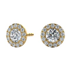 Boucles d'oreilles en or jaune 18 carats avec halo de diamants ronds de 3/4 carats