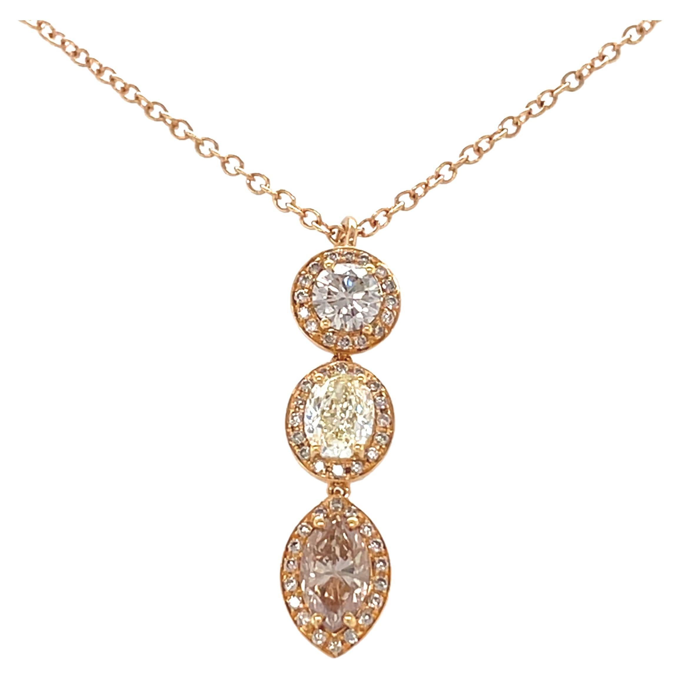 Pendentif en or jaune 18 carats avec diamants ronds ovales et marquises