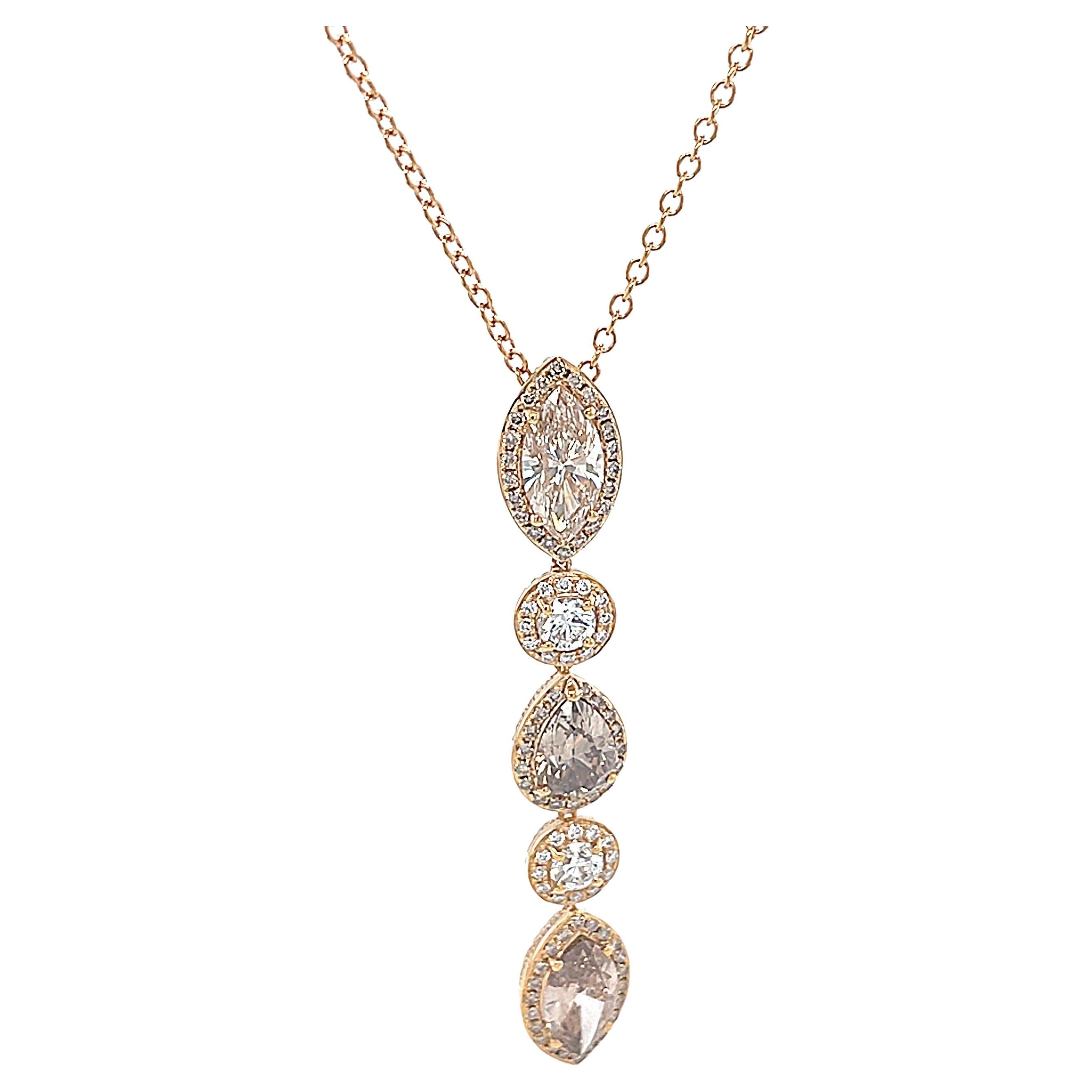 Women's 18 Karat Yellow Gold Round Pear Marquise Diamond Pendant For Sale