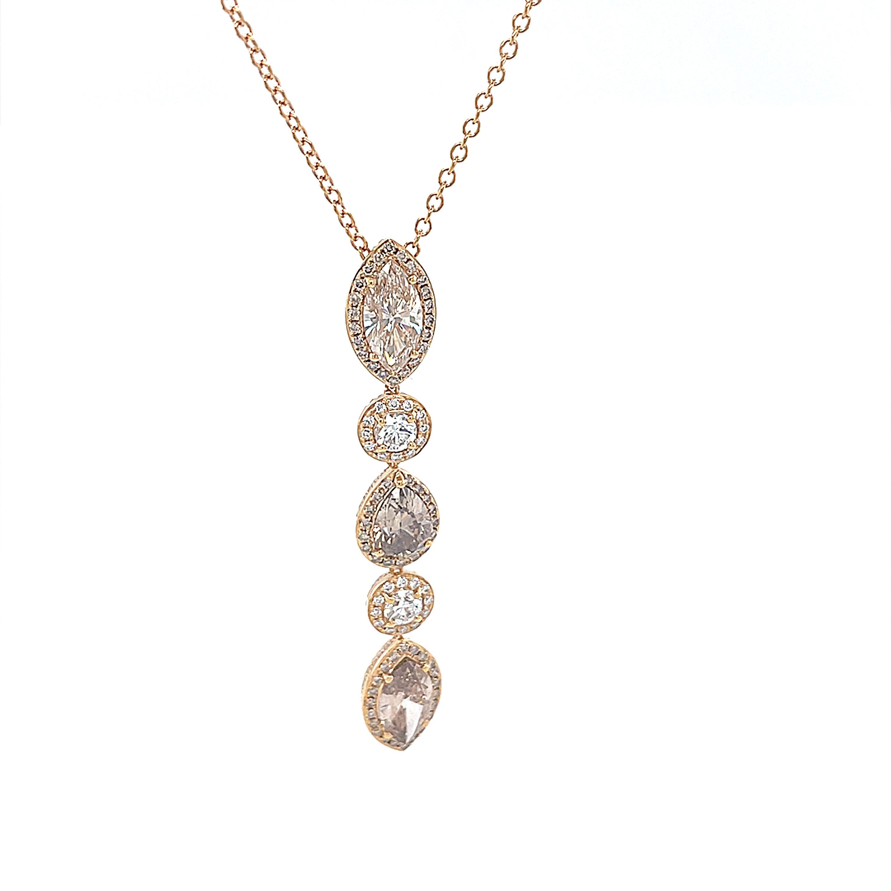 18 Karat Yellow Gold Round Pear Marquise Diamond Pendant For Sale 2