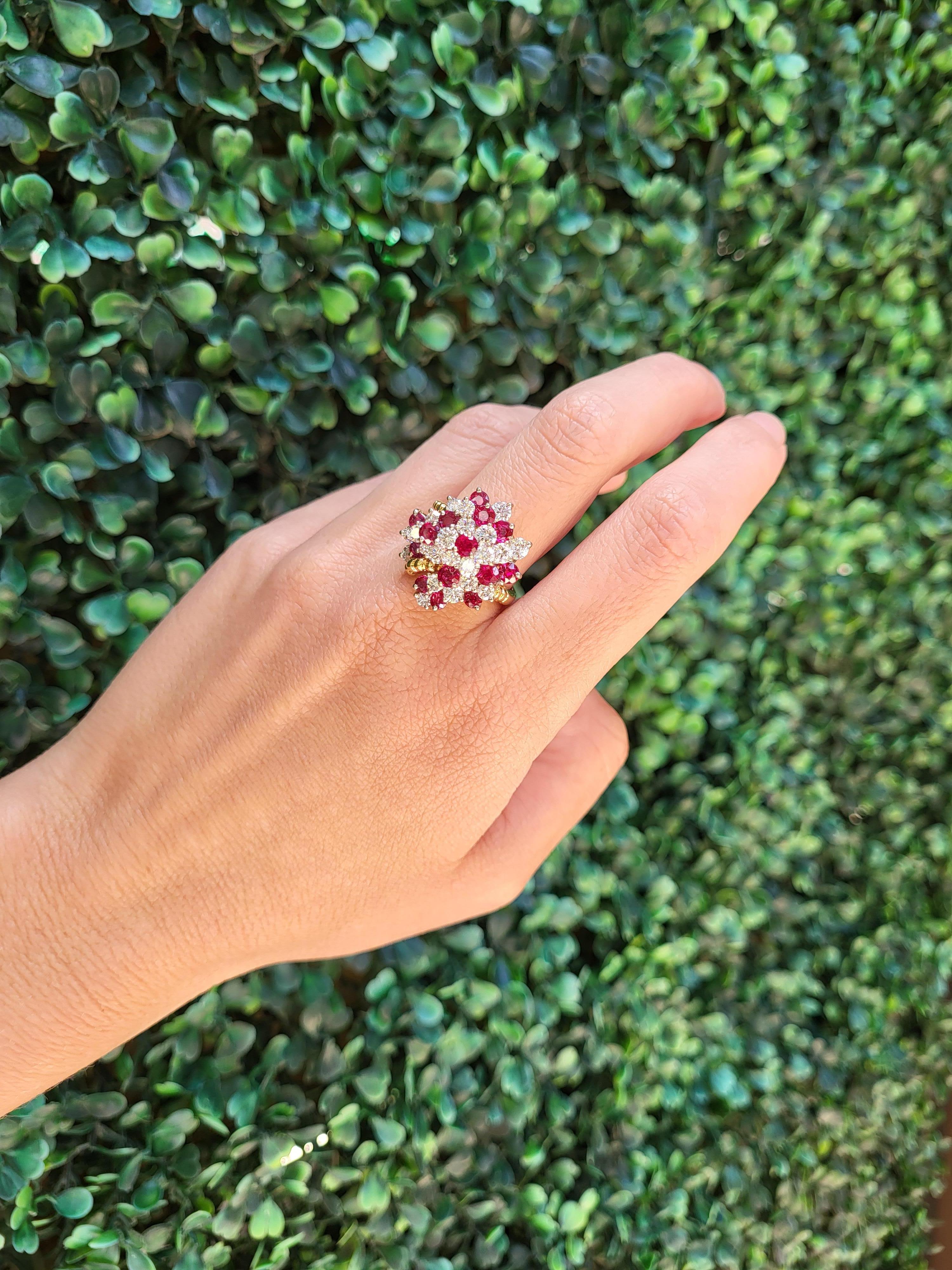 18 Karat Gelbgold Runder Rubin & Diamant Vintage Cocktail-Cluster-Ring 7