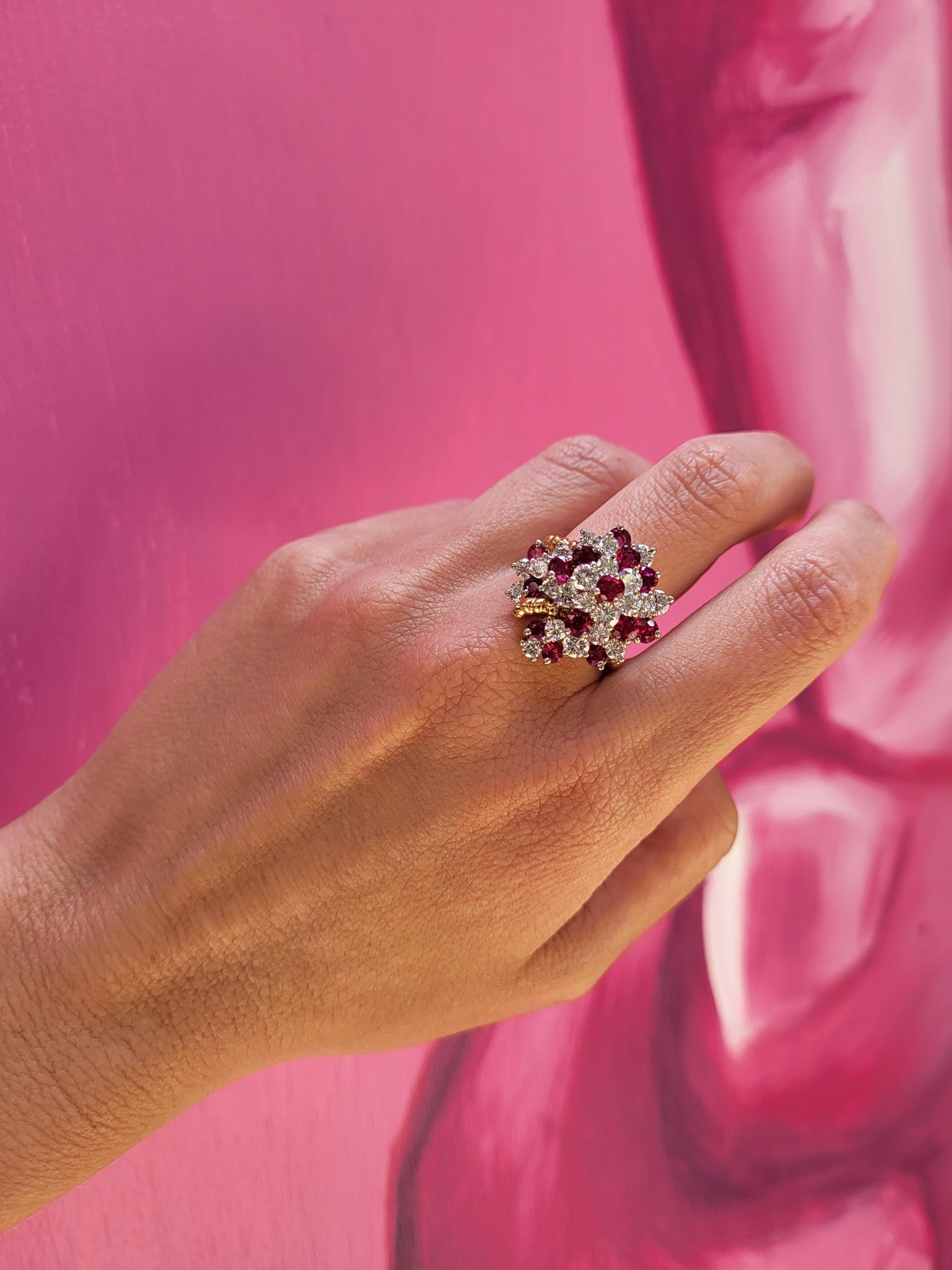 18 Karat Gelbgold Runder Rubin & Diamant Vintage Cocktail-Cluster-Ring 10