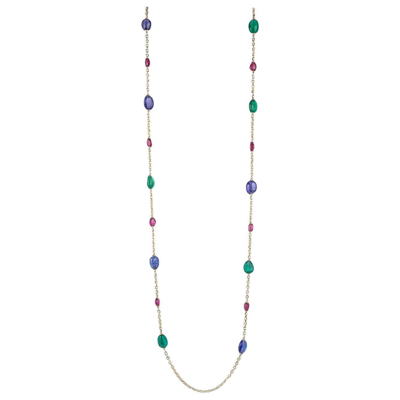 18 Karat Yellow Gold Rubelite Emerald and Tanzanite Tumbled Necklace by Goshwara