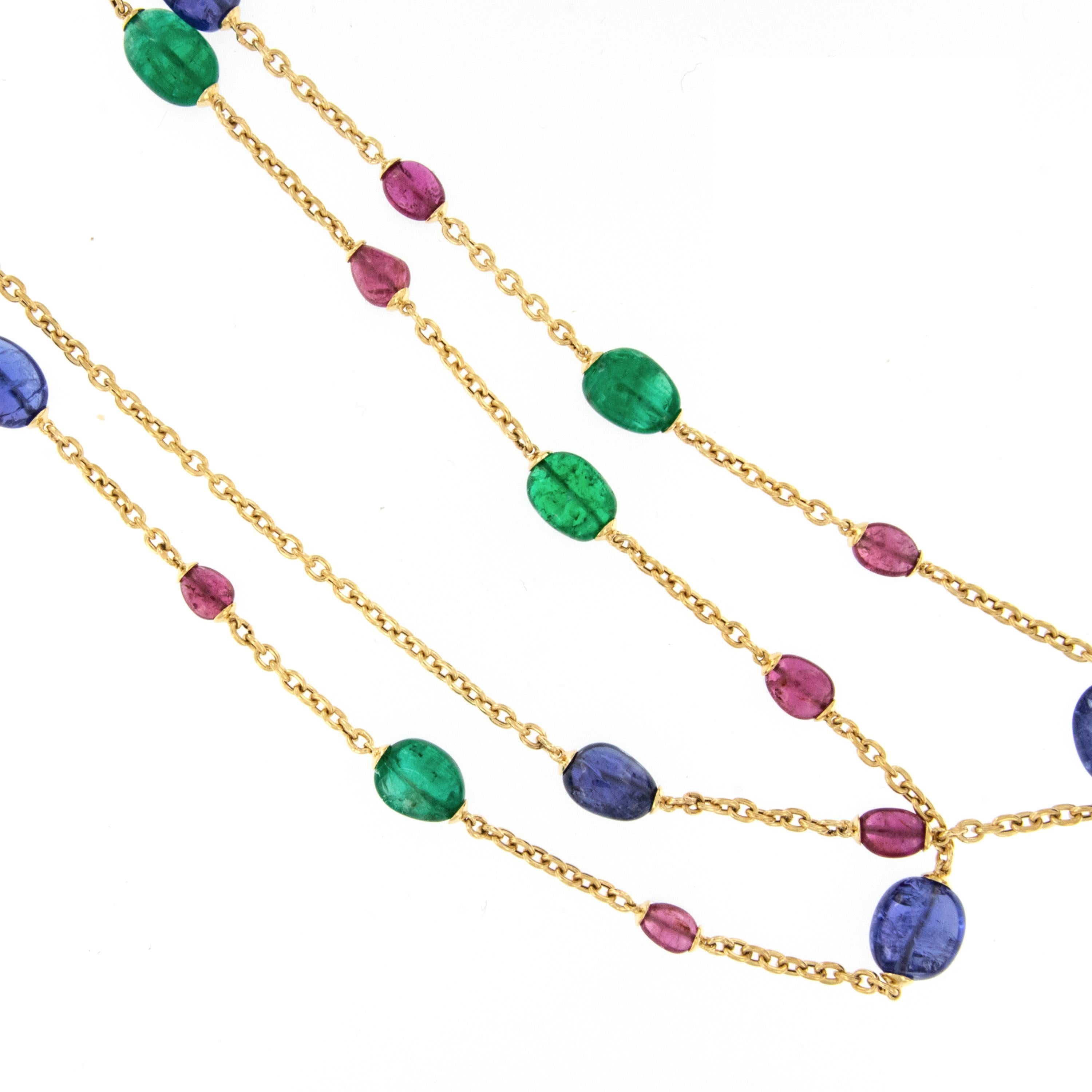 Contemporary 18 Karat Yellow Gold Rubelite Emerald and Tanzanite Tumbled Necklace by Goshwara