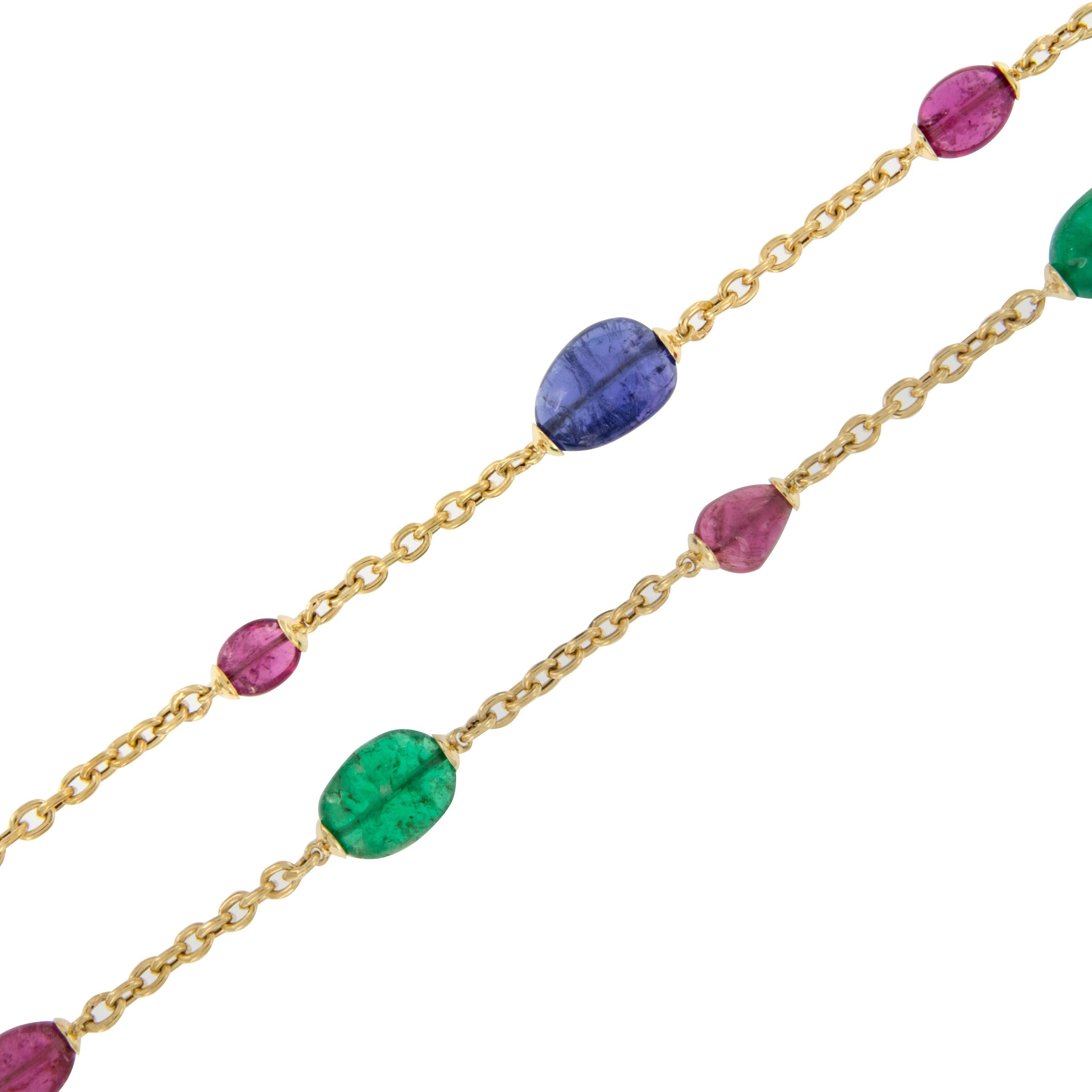 18 Karat Yellow Gold Rubelite Emerald and Tanzanite Tumbled Necklace by Goshwara In New Condition In Troy, MI
