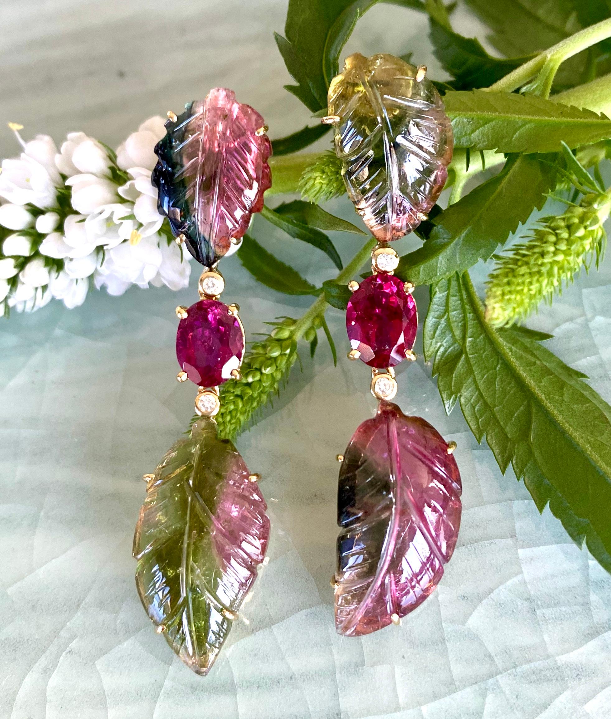 Carved bicolor tourmaline leaves, rubellite tourmalines and diamond earrings, handcrafted in 18 karat yellow gold.

These exquisite truly one-of-a-kind carved leaf earrings of unique bicolor tourmalines and vibrant rubellites are an exquisite
