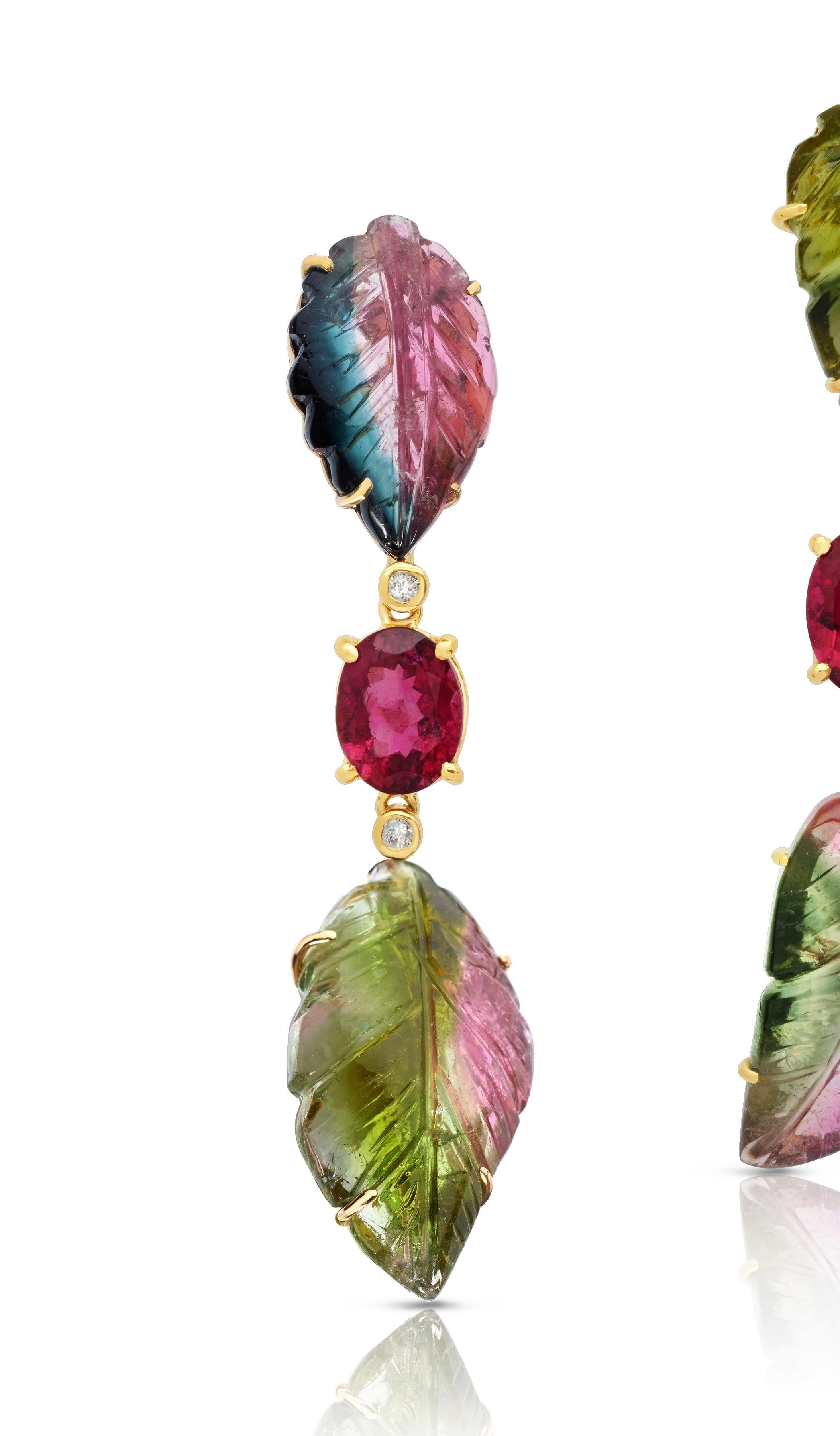 Mixed Cut 18 Karat Yellow Gold Rubellite Carved Bicolor Tourmaline Diamond Dangle Earrings For Sale