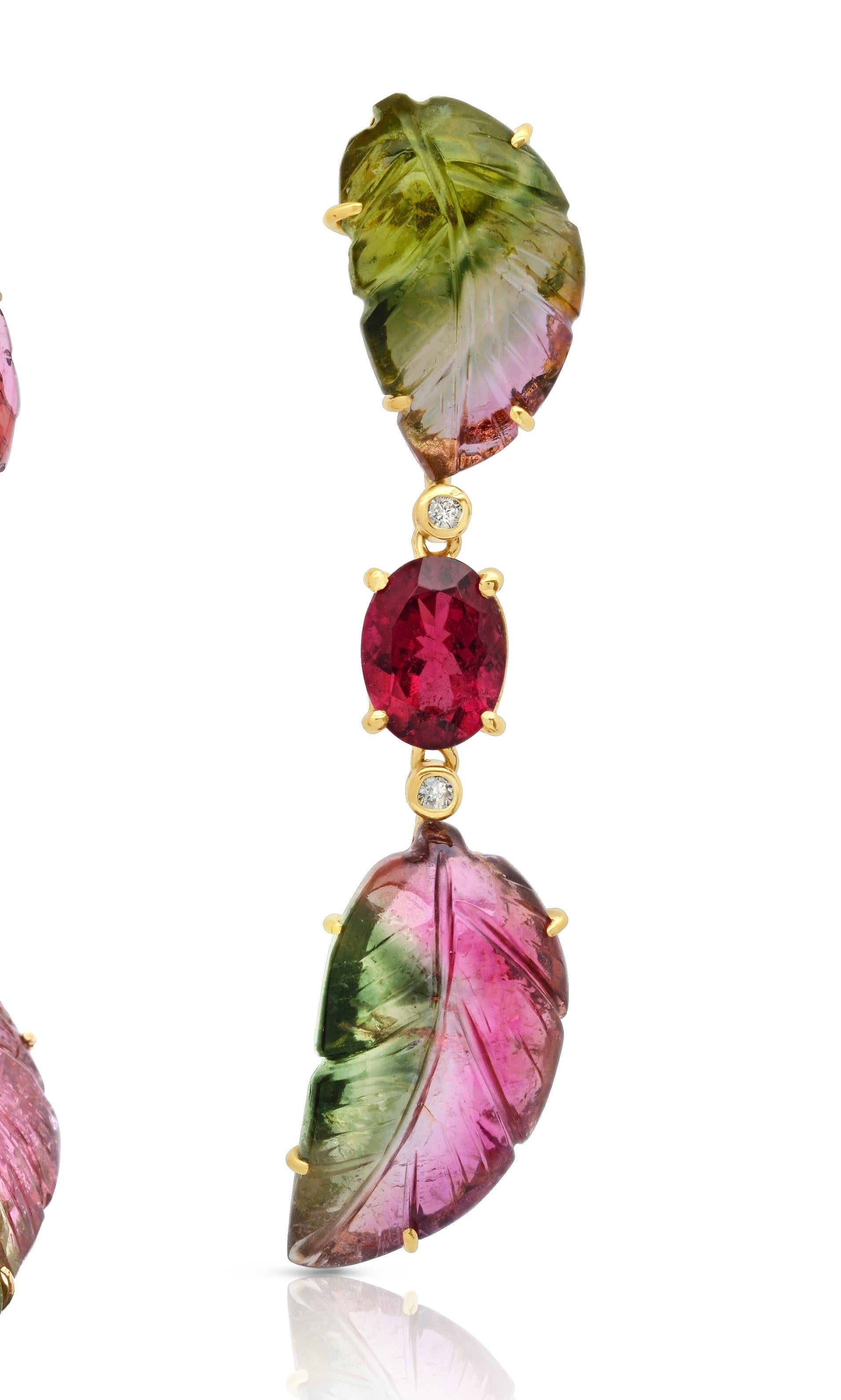 Mixed Cut 18 Karat Yellow Gold Rubellite Carved Bicolor Tourmaline Diamond Dangle Earrings For Sale