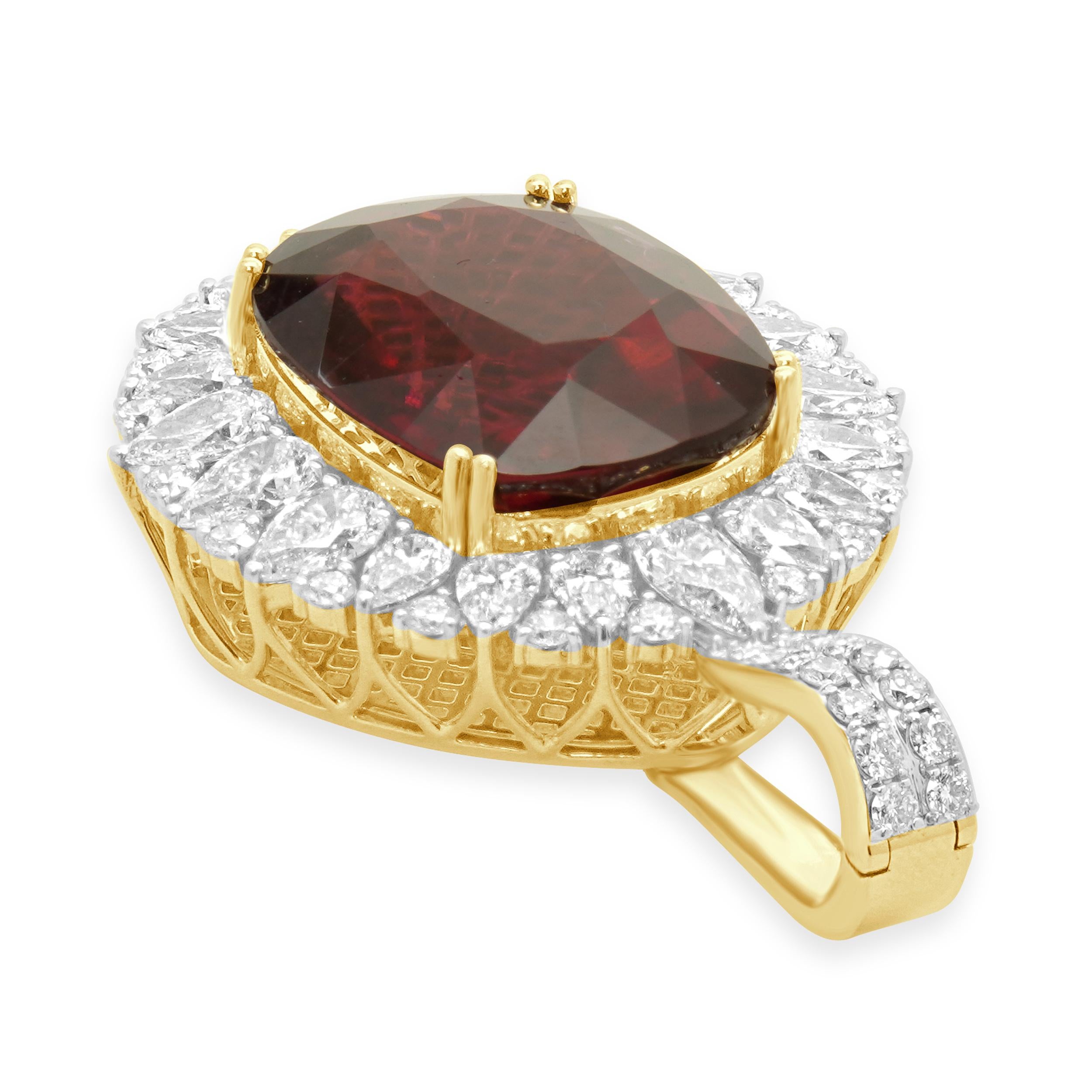 Round Cut 18 Karat Yellow Gold Rubellite & Diamond Pendant For Sale