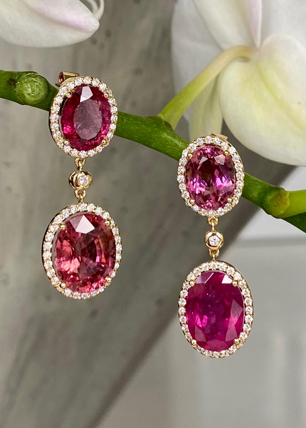 Women's 18 Karat Yellow Gold Rubellite Pink Tourmaline Diamond Drop Dangle Earrings For Sale